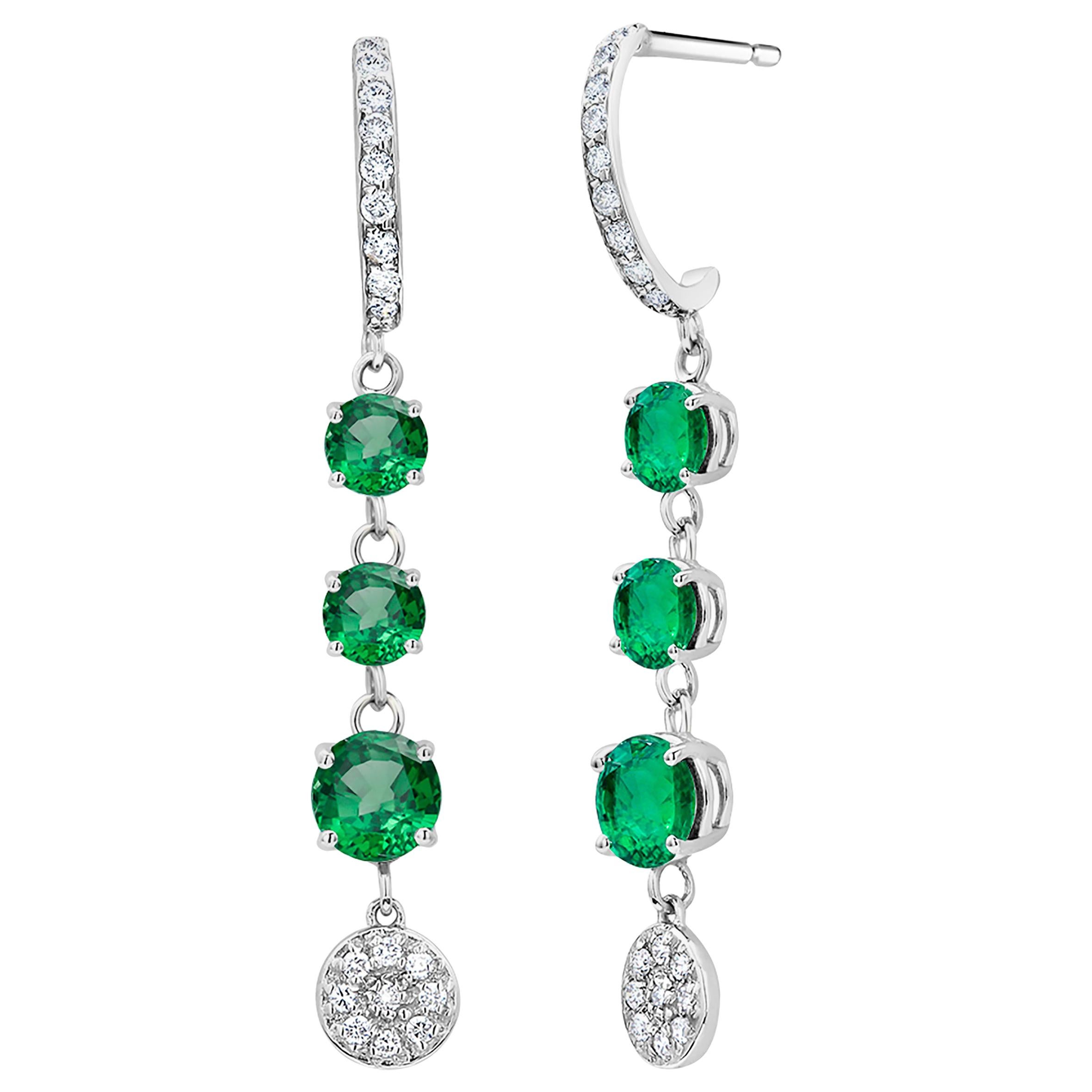 Tripled Tiered Emerald and Diamond Cluster Hoop Drop Earrings