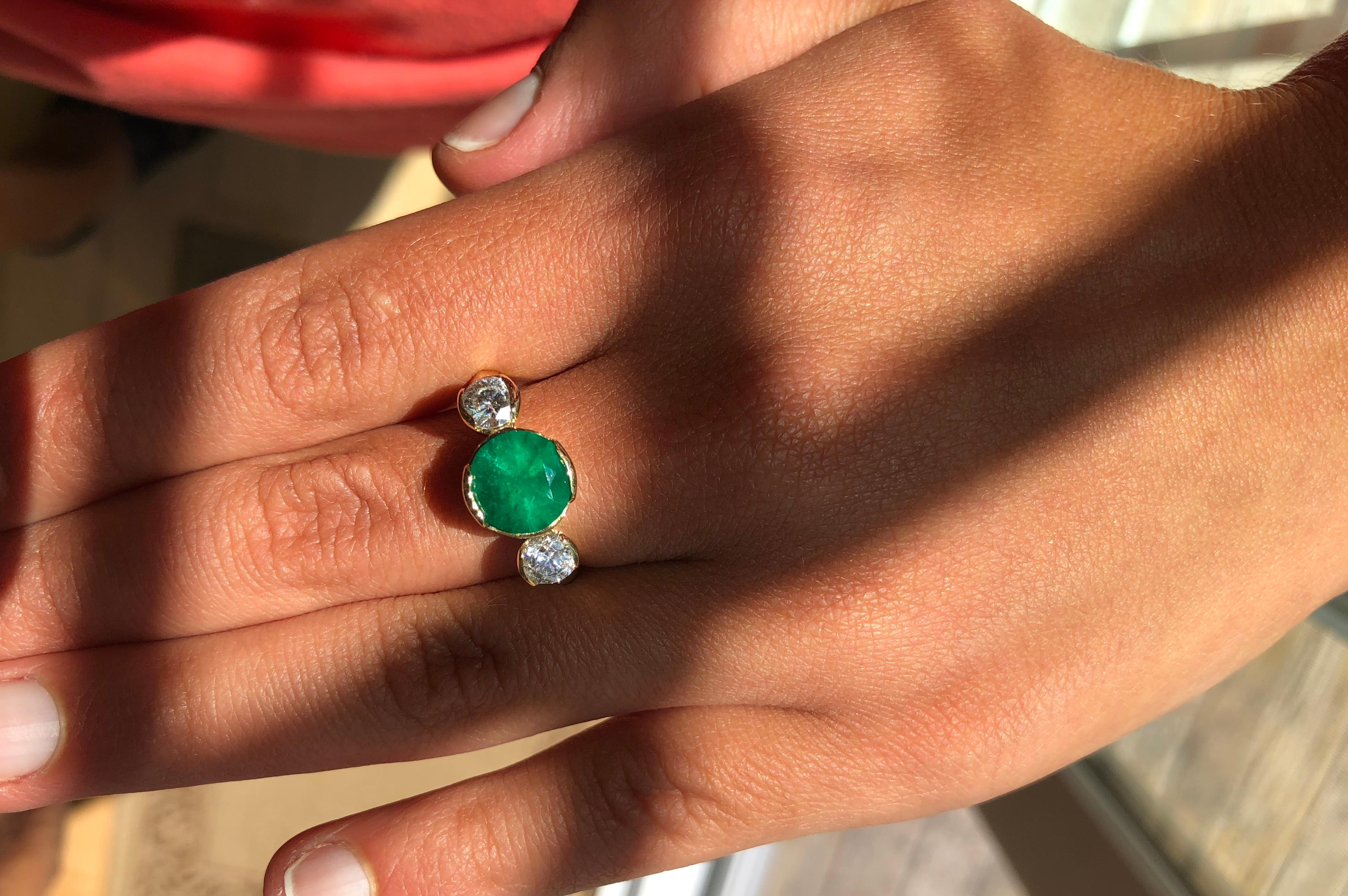 Women's Round Colombian Emerald Diamond Engagement Three-Stone Ring 18 Karat