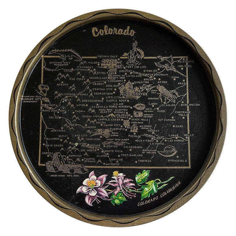 Round Colorado Columbine Flower Serving Tray in Black Purple and Cream
