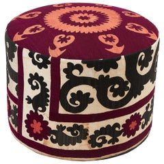 Round Contemporary Pouffe Made with Antique Suzani Fabric