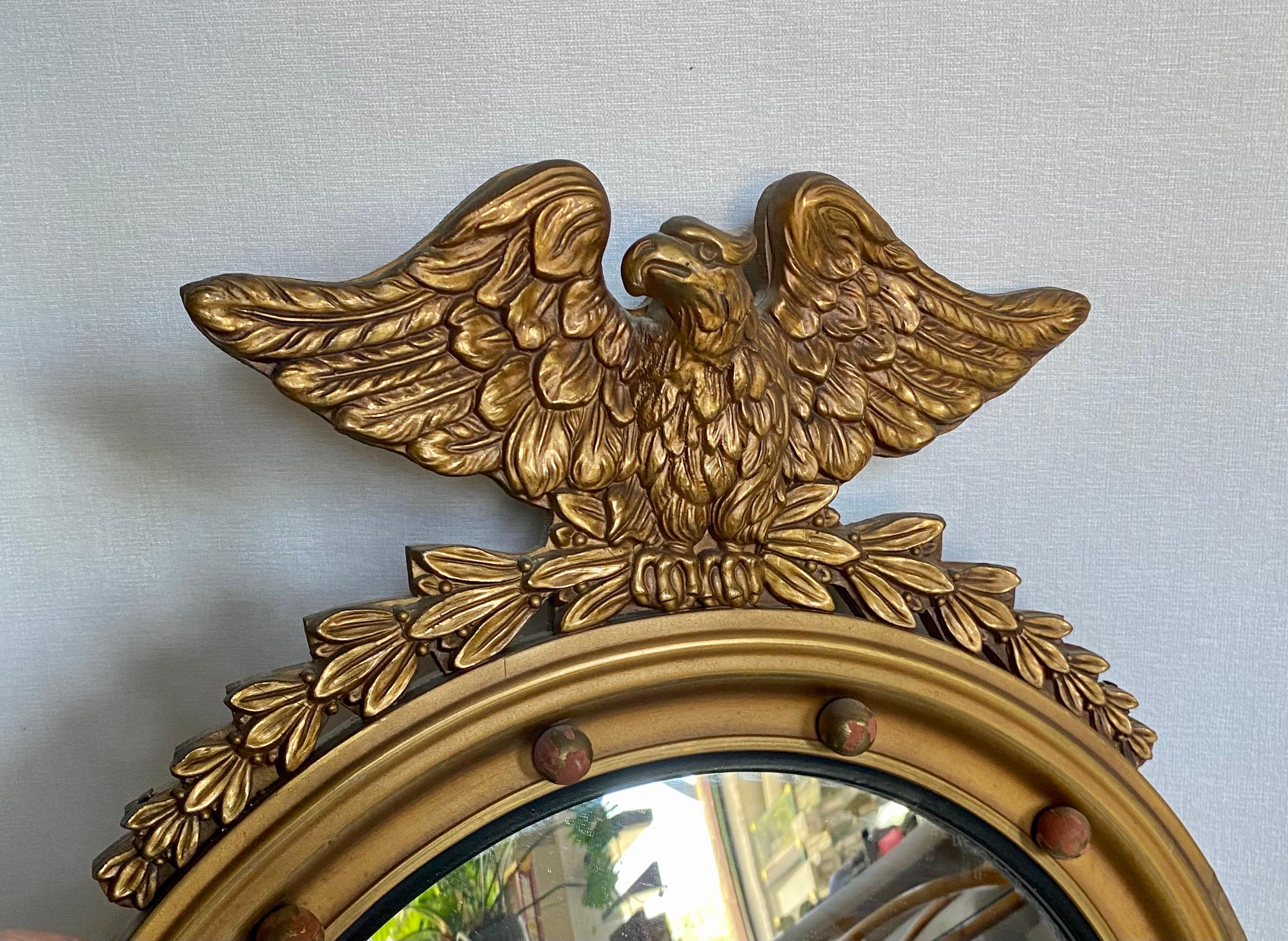20th Century Round Convex Federal Style Carved Giltwood Acanthus Eagle Wall Mirror