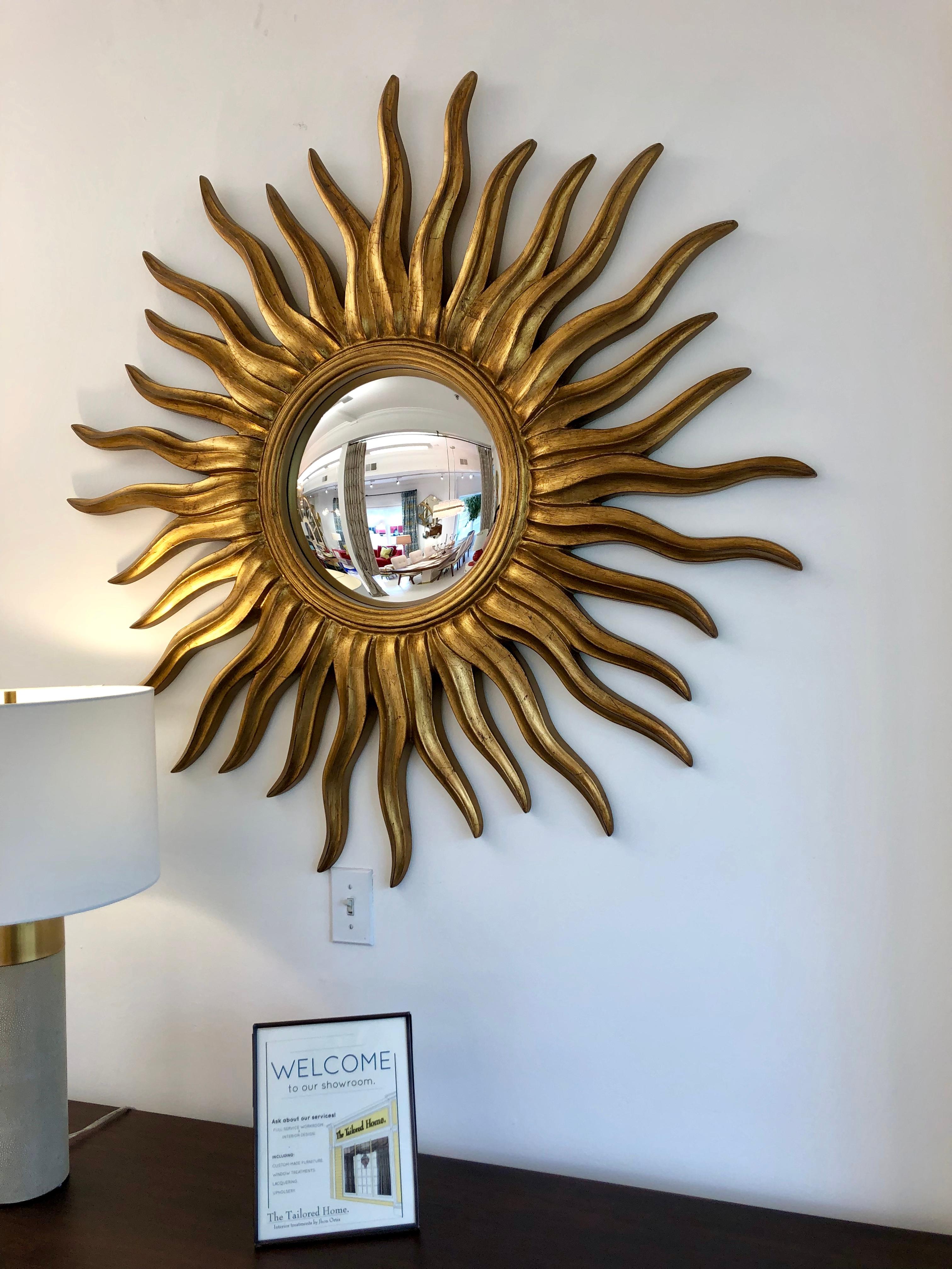 Modern Round Convex Mirror with Sunburst Frame For Sale