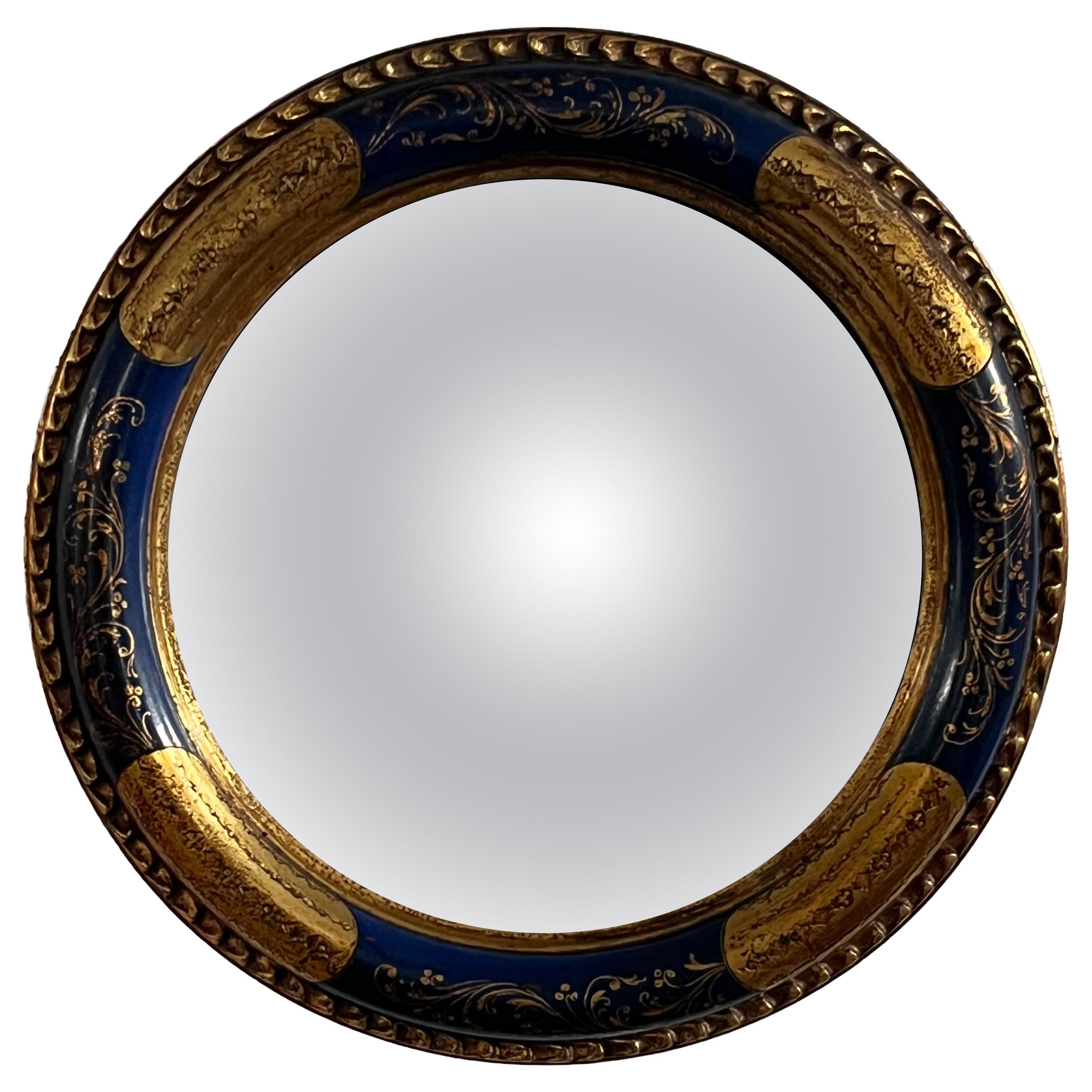 Round Convex Wall Mirror, Wood Frame blue and gilt, fine detail, Early 20th C