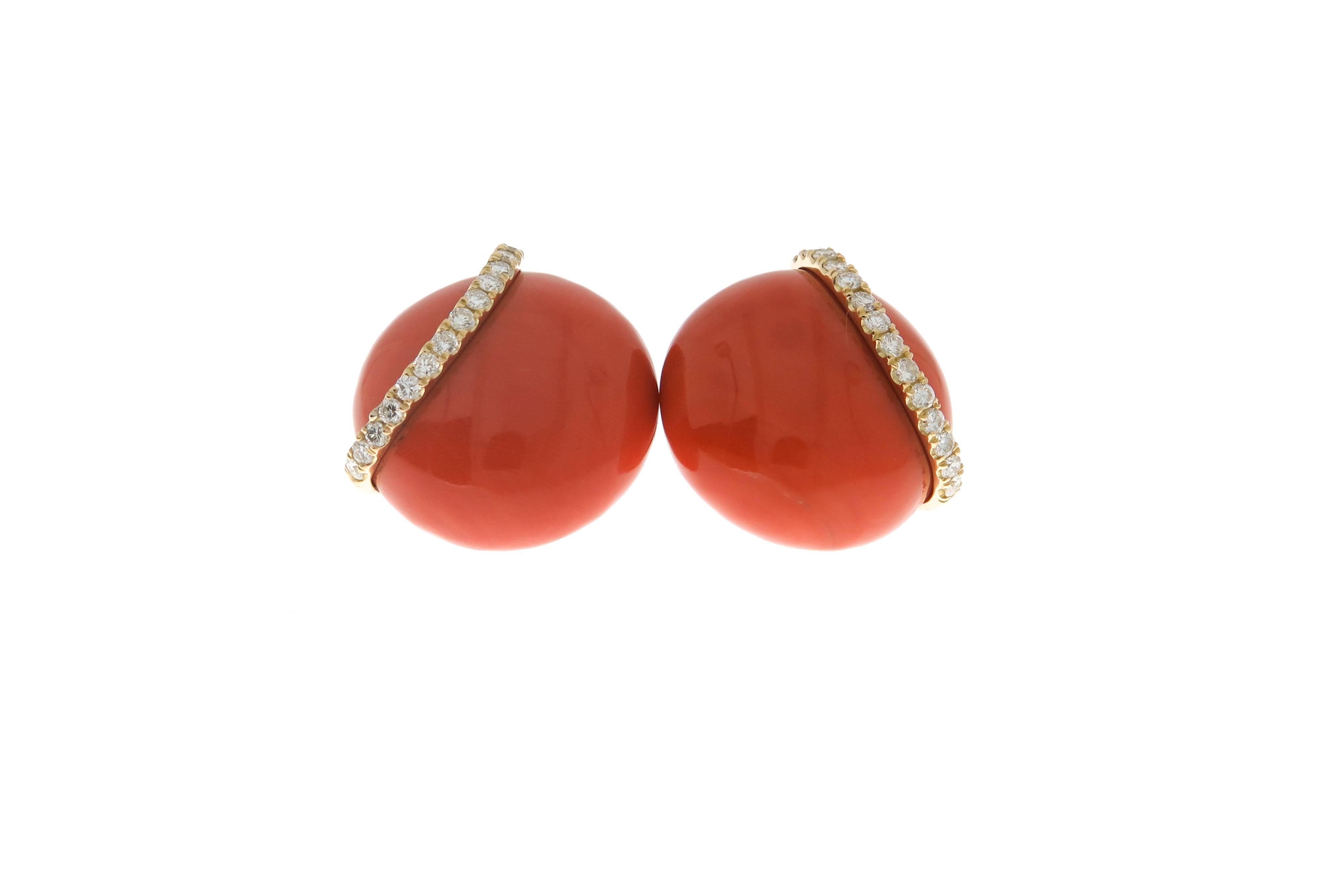 Artist Round Coral and Diamond Earrings