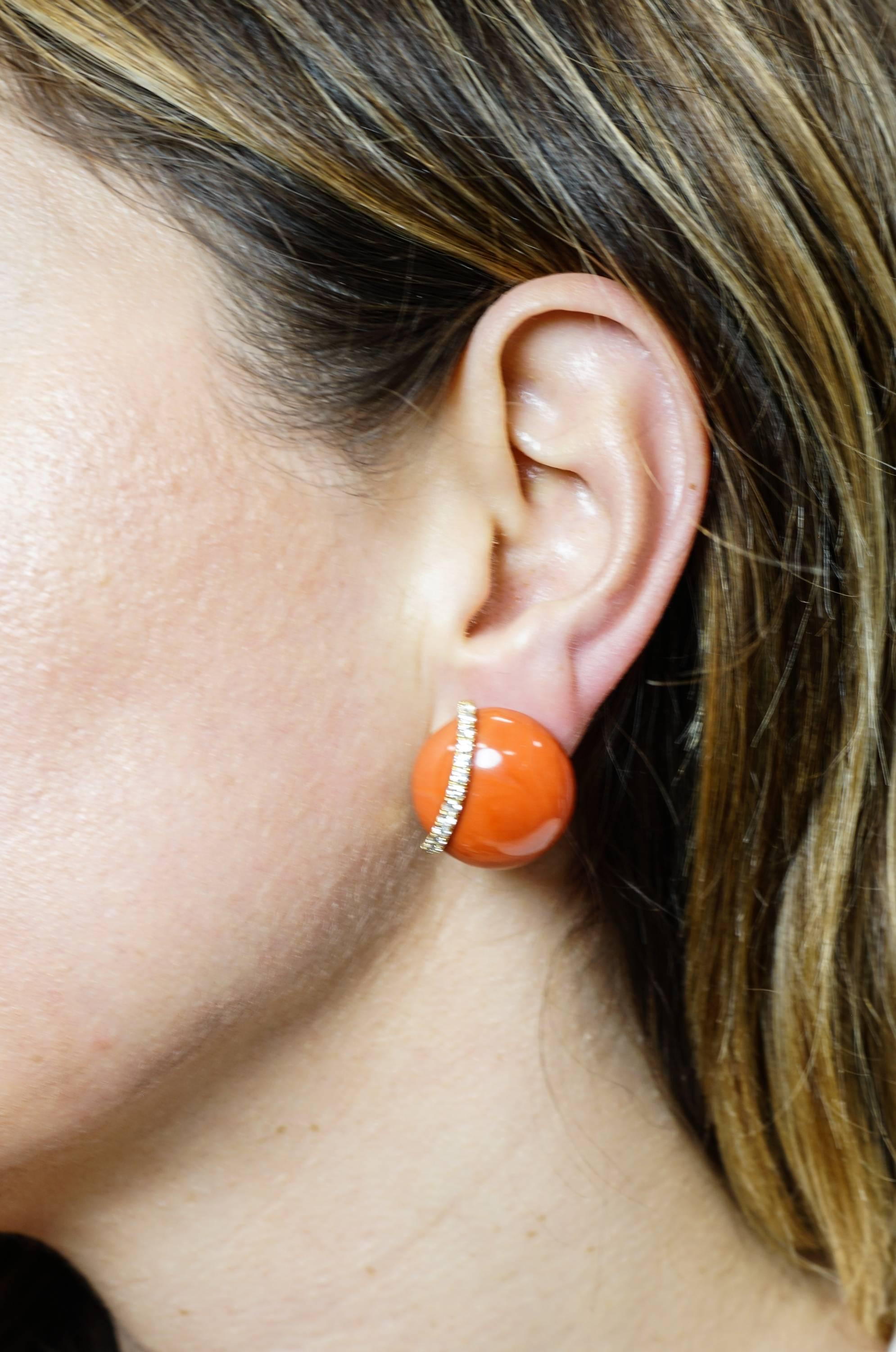 Women's Round Coral and Diamond Earrings