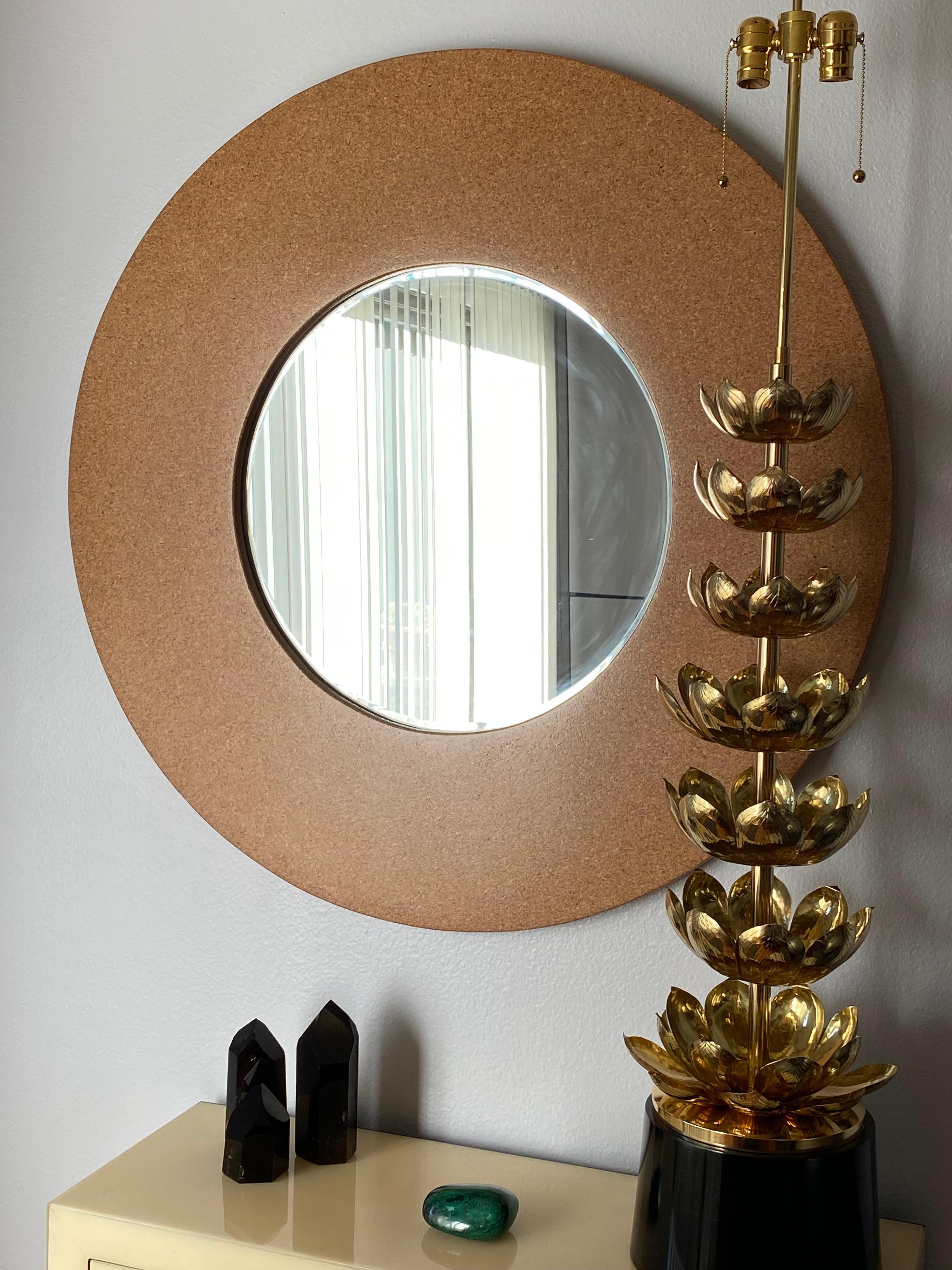 Mid-Century Modern style round cork wall mirror. Only mirror is 21.5