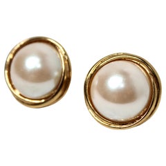 Round Costume Pearl 14k Gold Plated Earrings circa 1980s