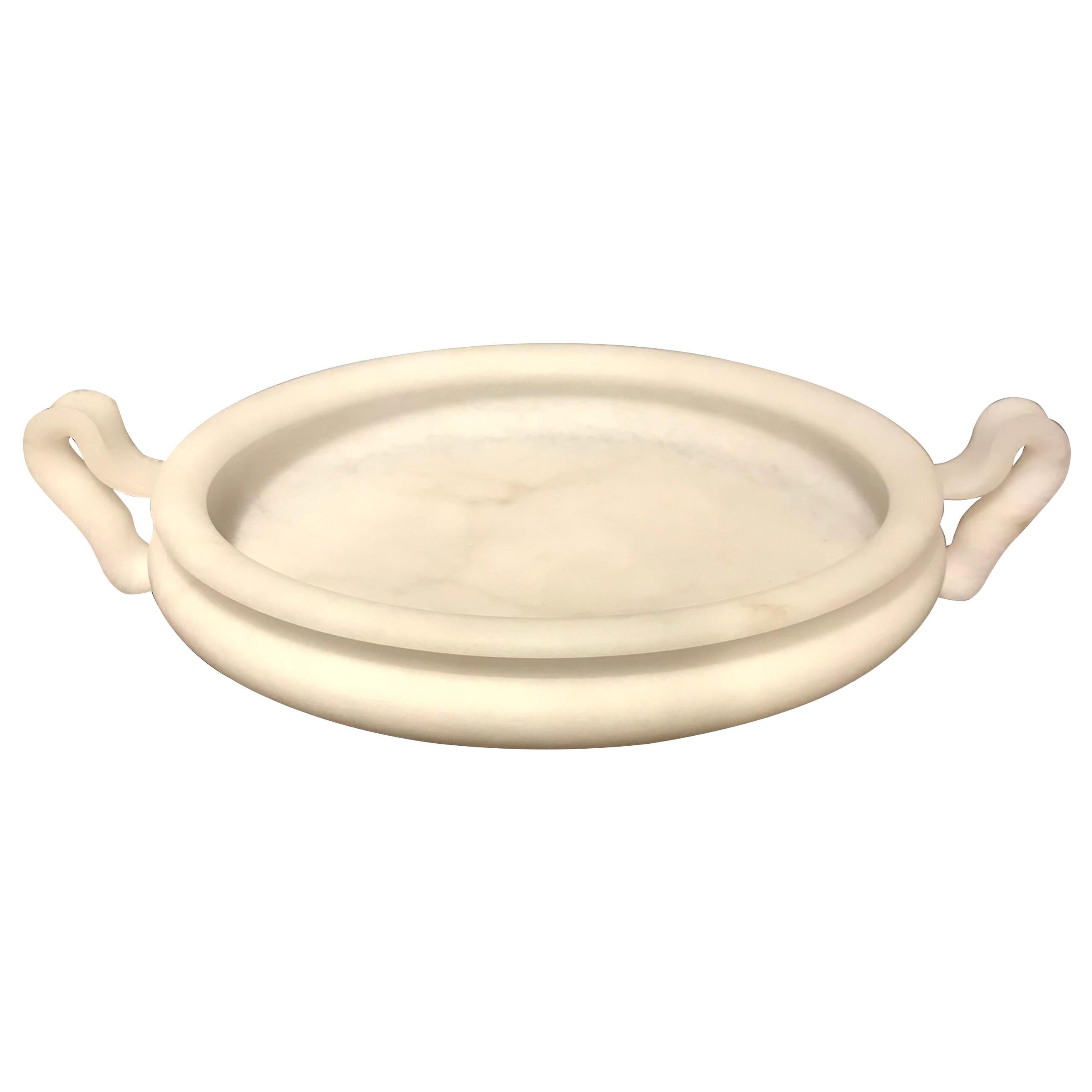 Round Cream Alabaster Bowl with Handles, Italy, Contemporary