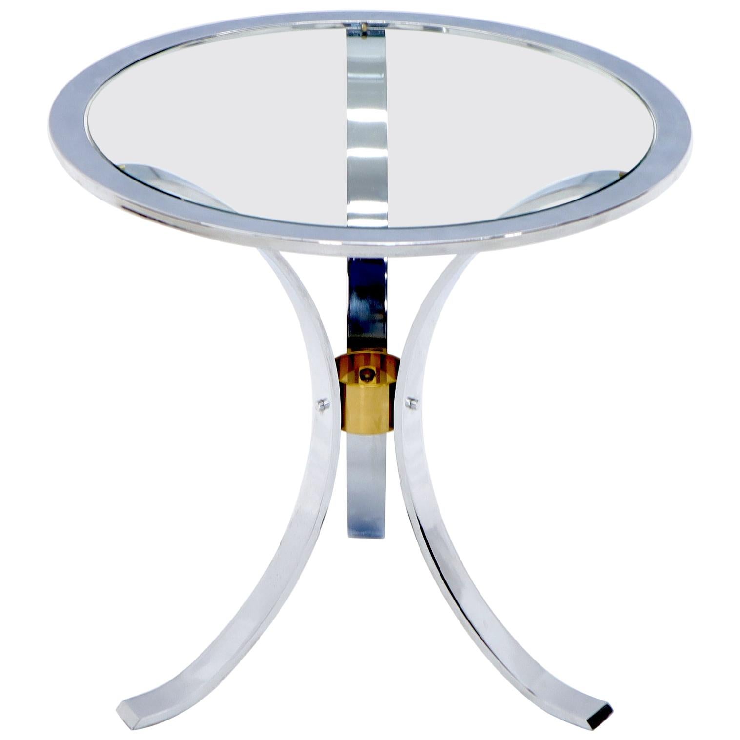 Round Crome and Brass Glass Top Occasional Side Table For Sale