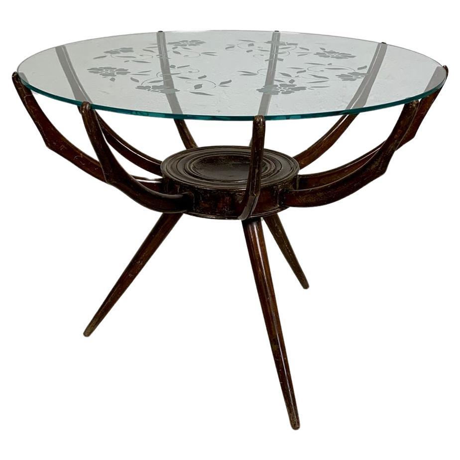 Table basse ronde en cristal et structure en bois par Carlo de Carli, années 1950
