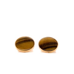 Boutons de manchette ronds en or rose 18 carats avec 2 incrustations en cabochon œil de tigre - Diamètre 25,0 mm