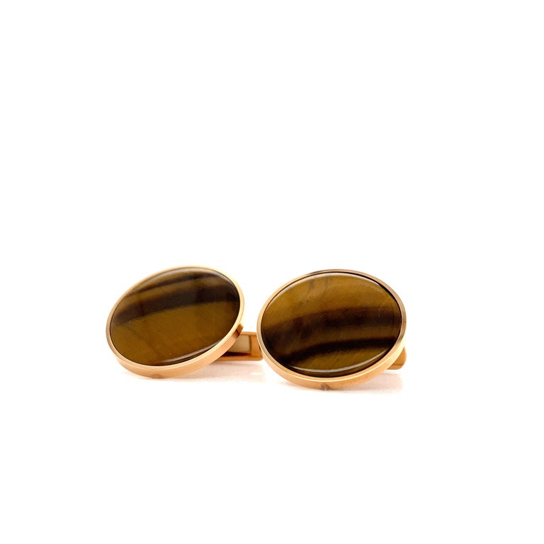 Round Cufflinks - 18k Rose Gold - 2 Tiger Eye Cabochon Inlays - Diameter 20.0 mm For Sale 1