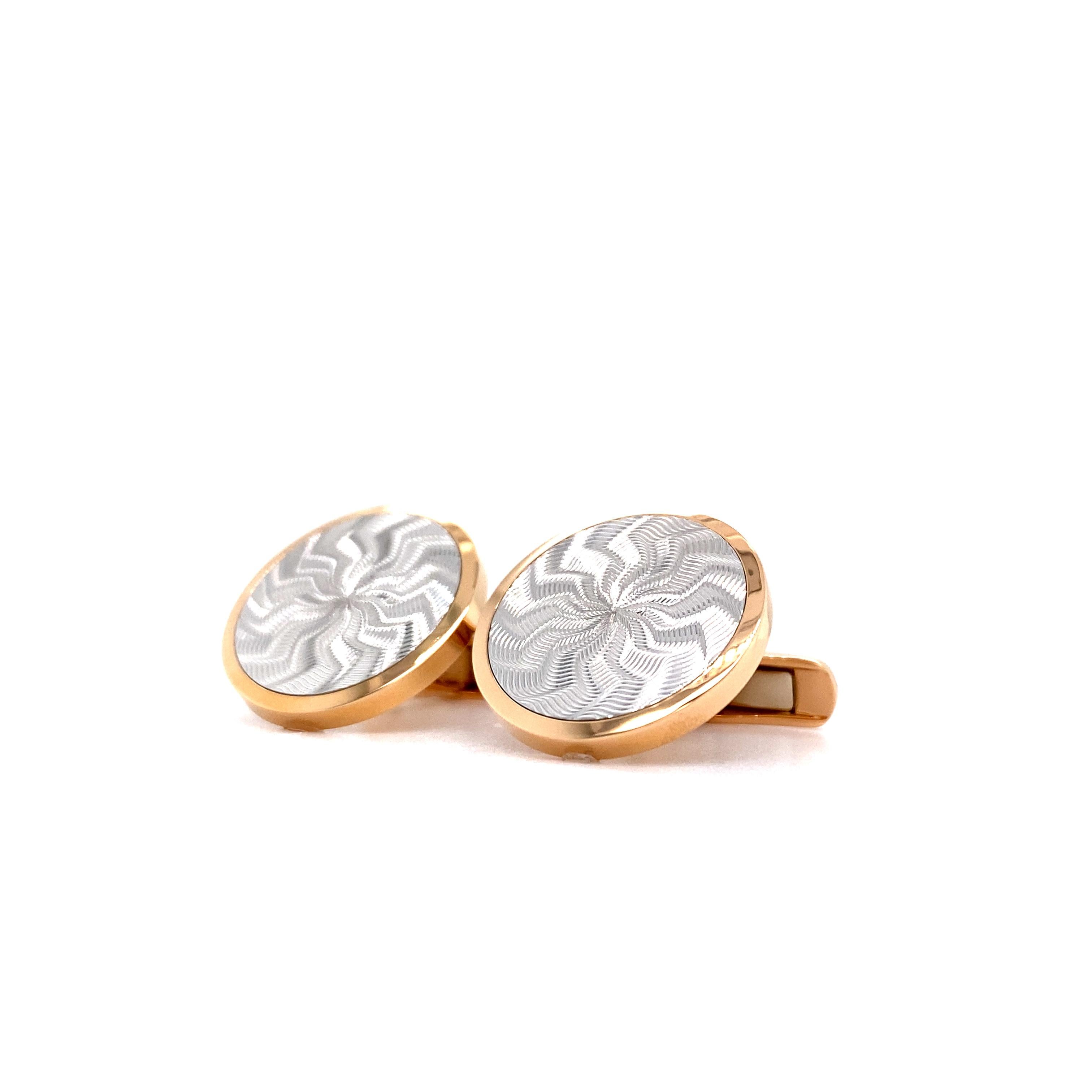 Gemelli da polso rotondi, oro rosa e oro bianco 18k, incisione autentica Guillochee in vendita 2