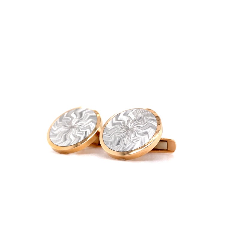 Round Cufflinks, 18k Rose Gold and White Gold, Authentic Guillochee Engraving For Sale 2