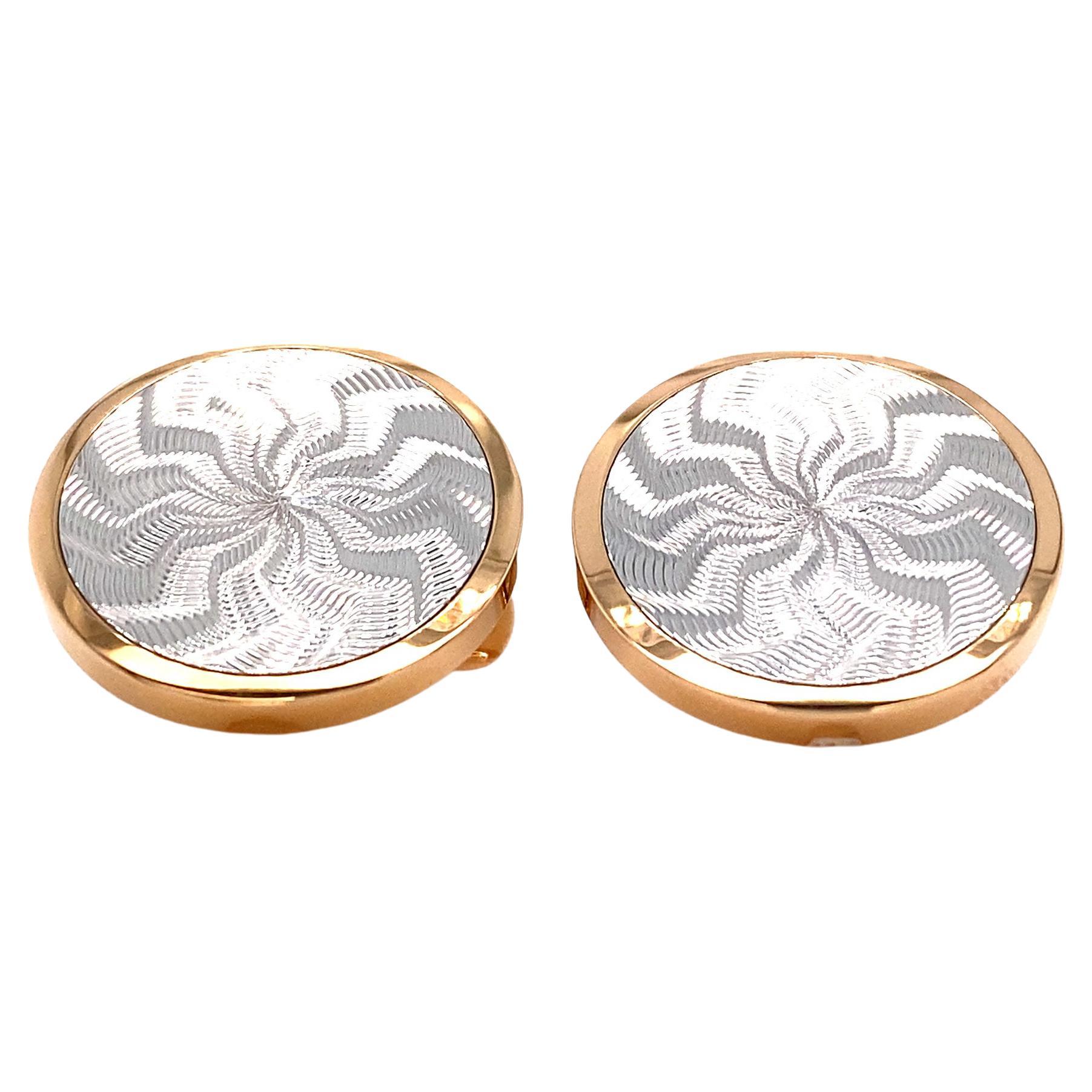 Round Cufflinks, 18k Rose Gold and White Gold, Authentic Guillochee Engraving For Sale