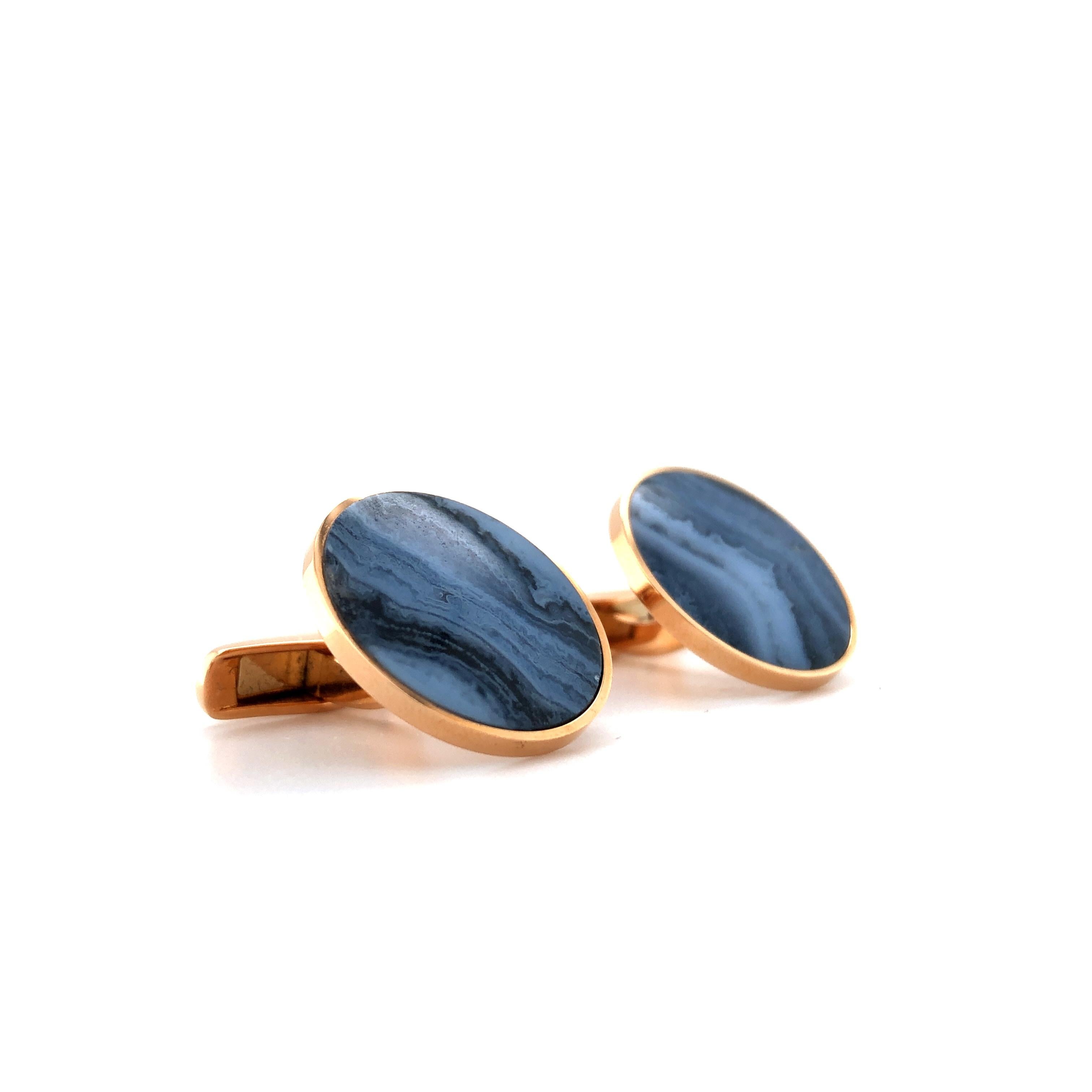 Gemelos redondos Oro rosa 18k con Calcedonia/Onyx en venta 1