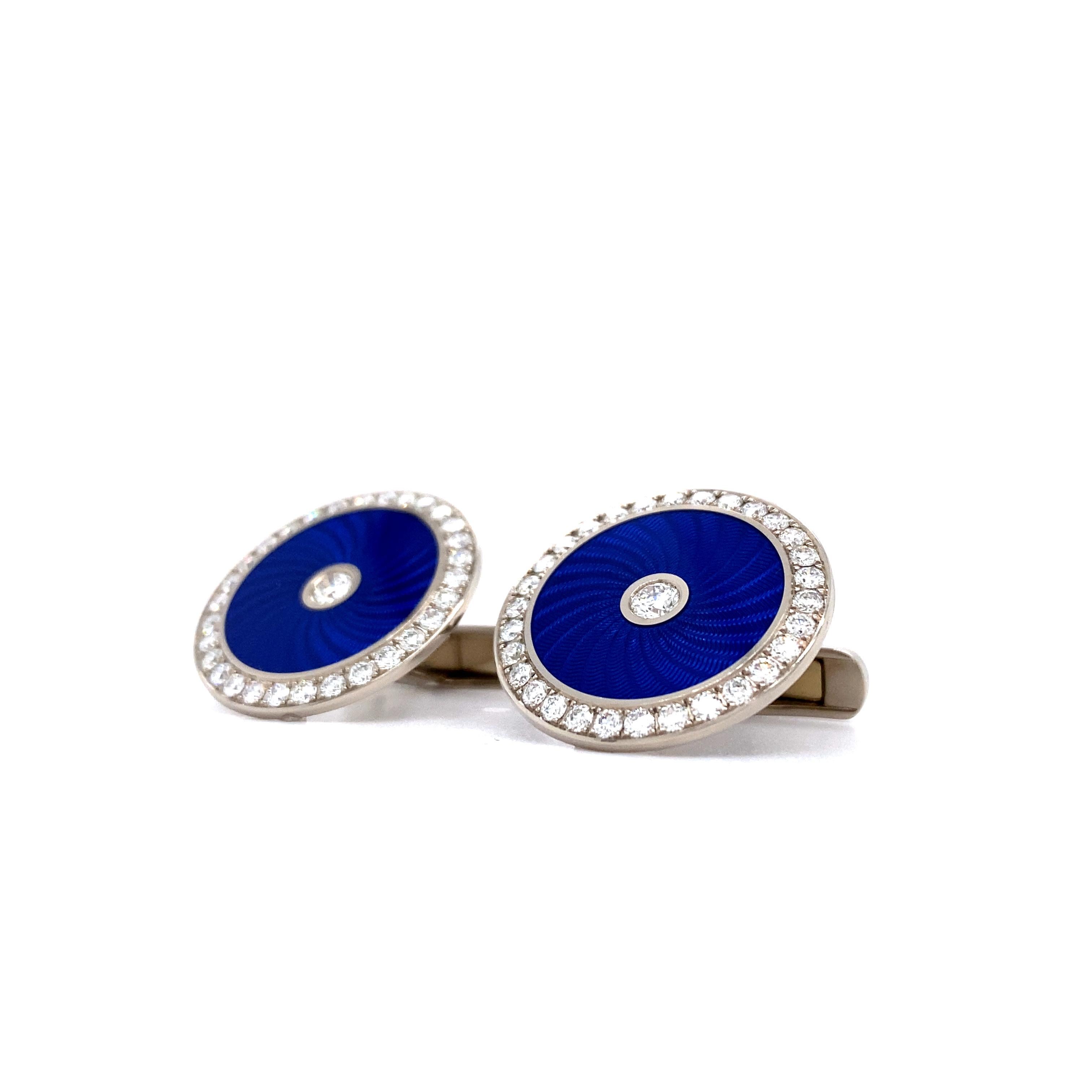 Round Cufflinks - 18k White Gold - Blue Guilloche Enamel - 62 Diamonds 1.40ct For Sale 1