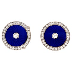 Runde Manschettenknöpfe - 18k Weißgold - blaue Guilloche-Emaille - 62 Diamanten 1,40ct