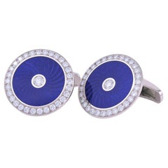 Boutons de manchette ronds en or blanc 18 carats, émail guilloché bleu et 62 diamants 1,40 carat