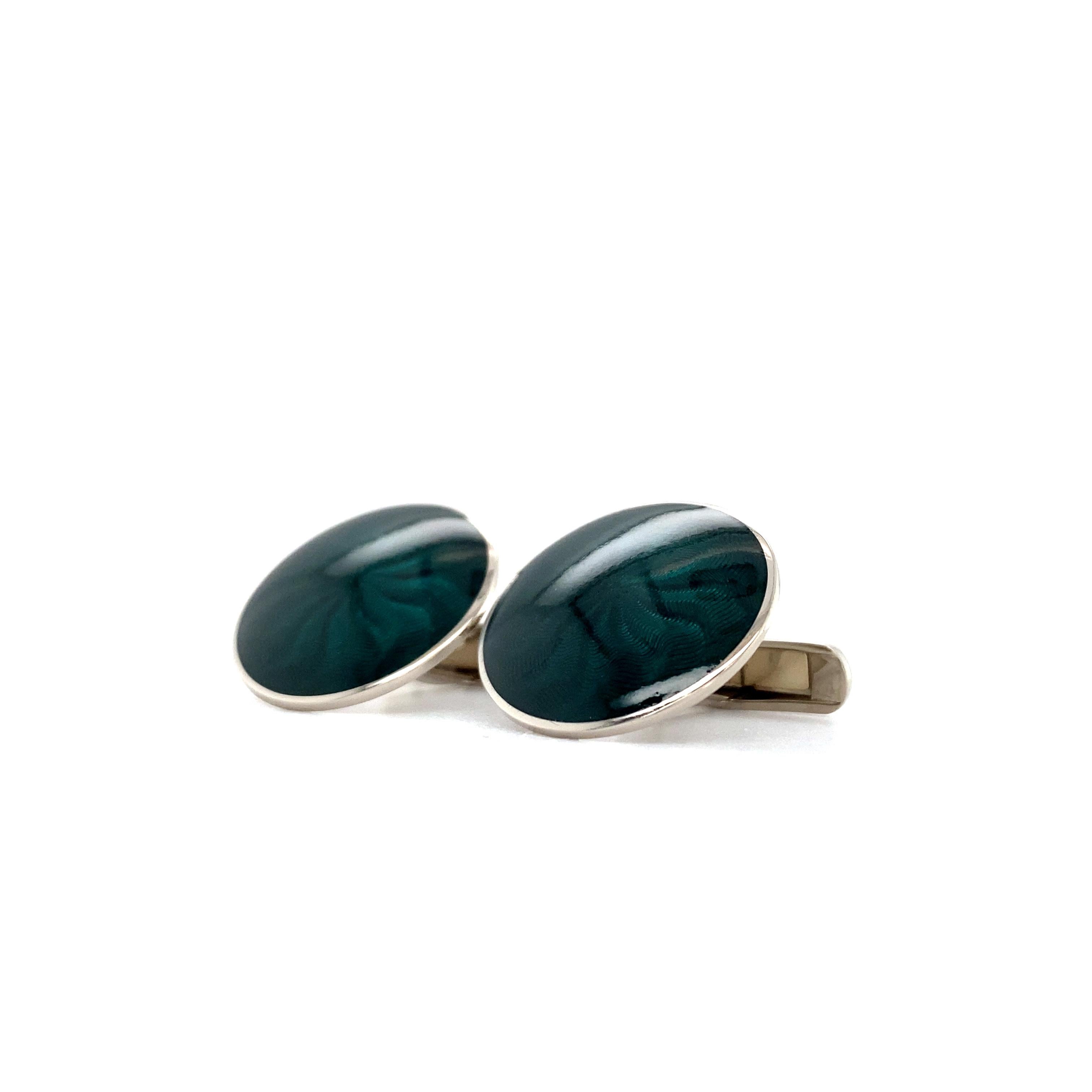 Boutons de manchette ronds en or blanc 18 carats émail guilloché vert foncé de 20 mm de diamètre en vente 2
