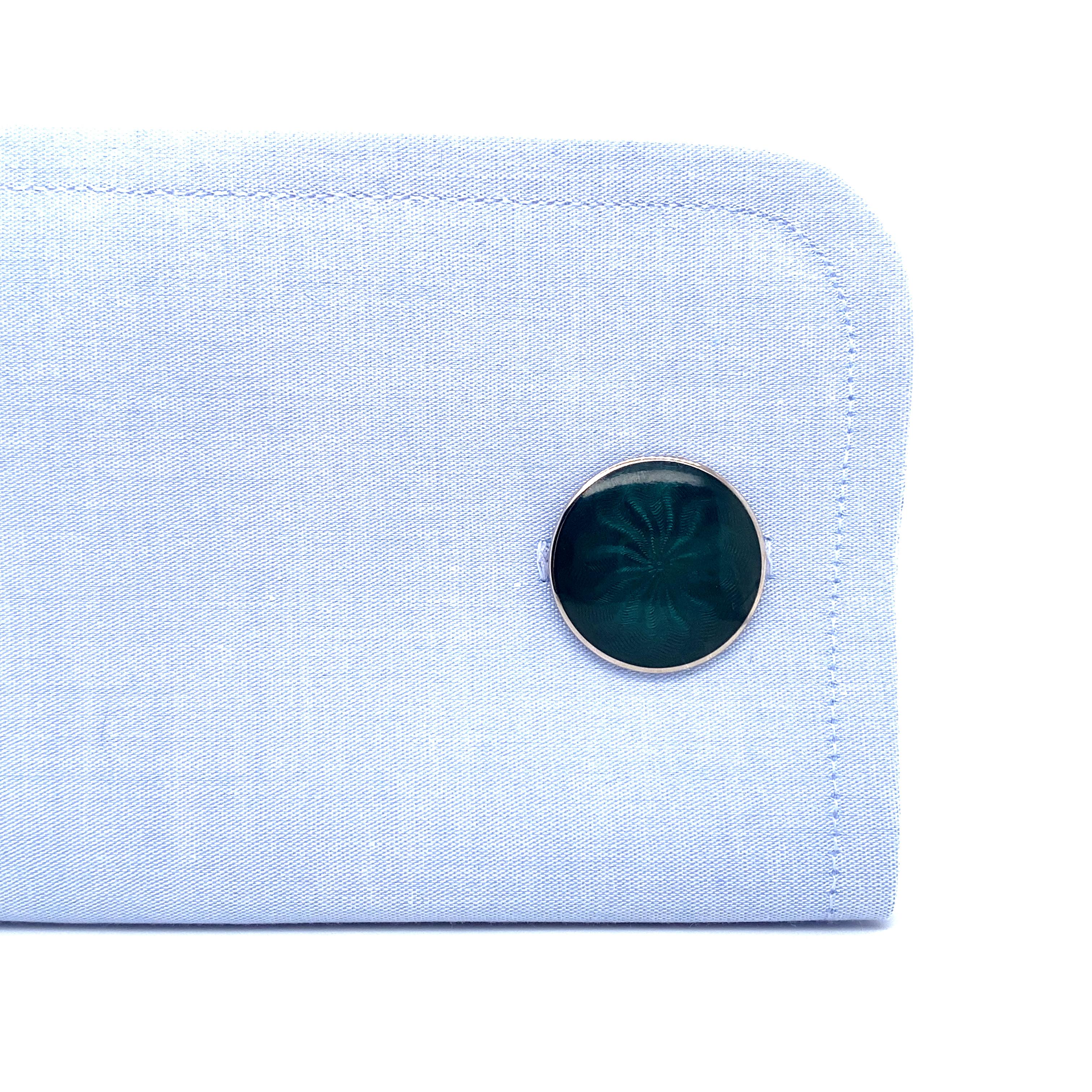 Boutons de manchette ronds en or blanc 18 carats émail guilloché vert foncé de 20 mm de diamètre en vente 3