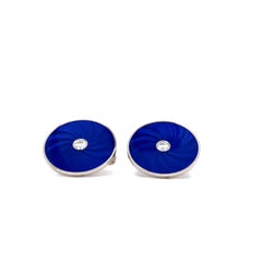 Round Cufflinks 18k White Gold Electric Blue Guilloche Enamel 2 Diamonds 0.26ct