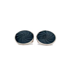 Round Cufflinks - 18k White Gold - Grey Enamel Guilloche Diameter 20 mm
