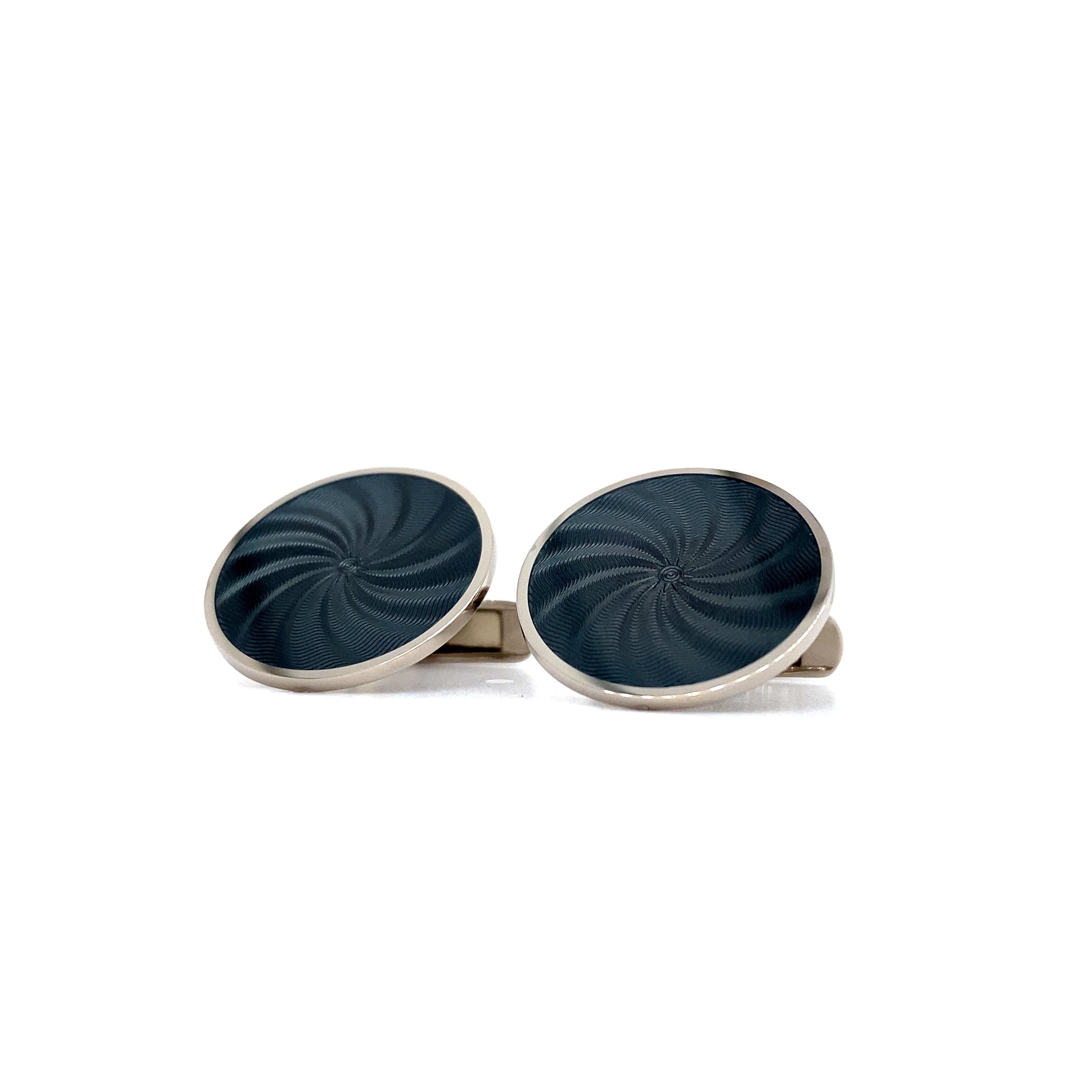 Gemelli rotondi - Oro bianco 18k - Smalto grigio Guilloche Diametro 20 mm in vendita 2