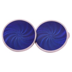 Round Cufflinks - 18k White Gold - Navy Blue Enamel Guilloche Diameter 20.0 mm