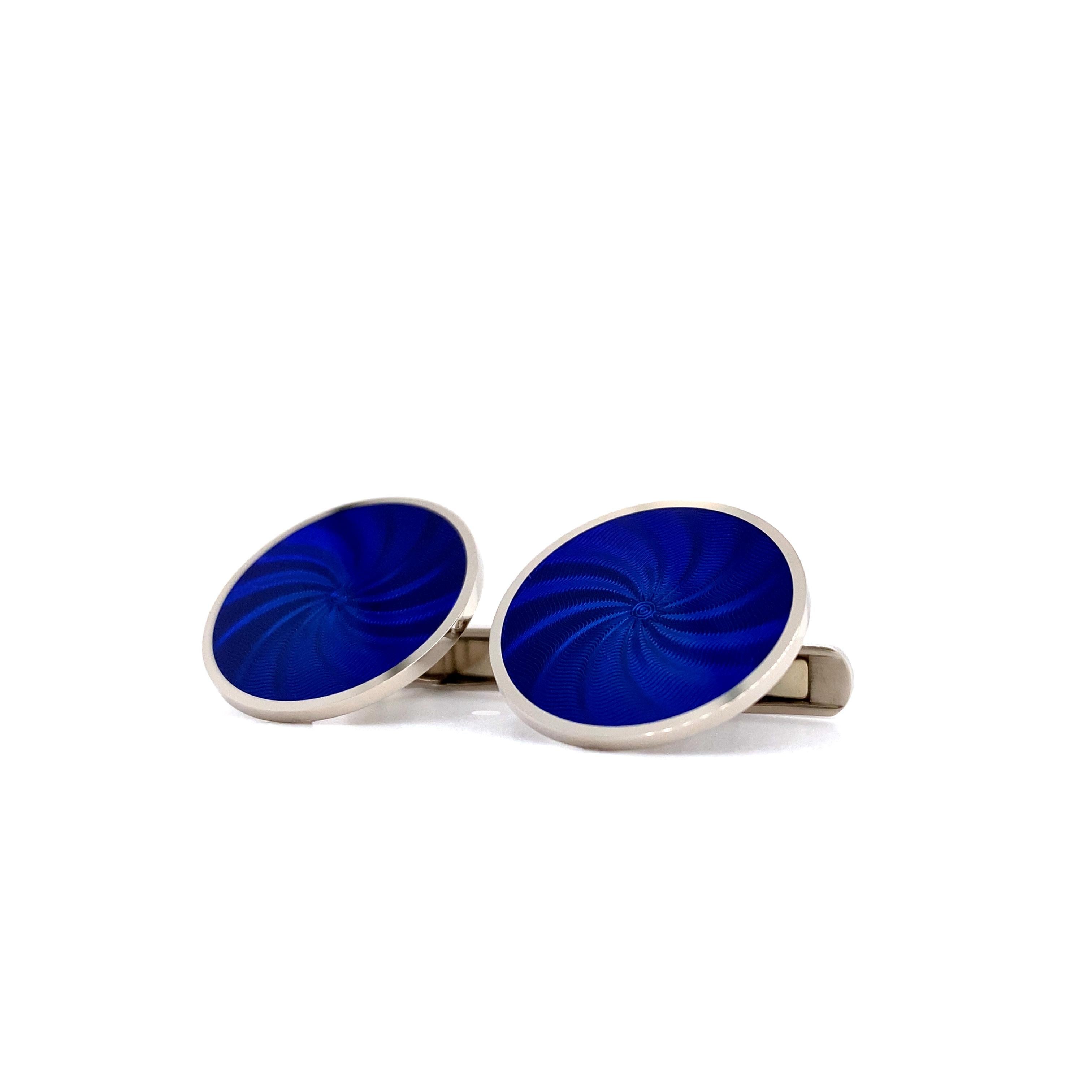 Round Cufflinks - 18k White Gold - Navy Blue Enamel Guilloche Diameter 20.0 mm For Sale 2