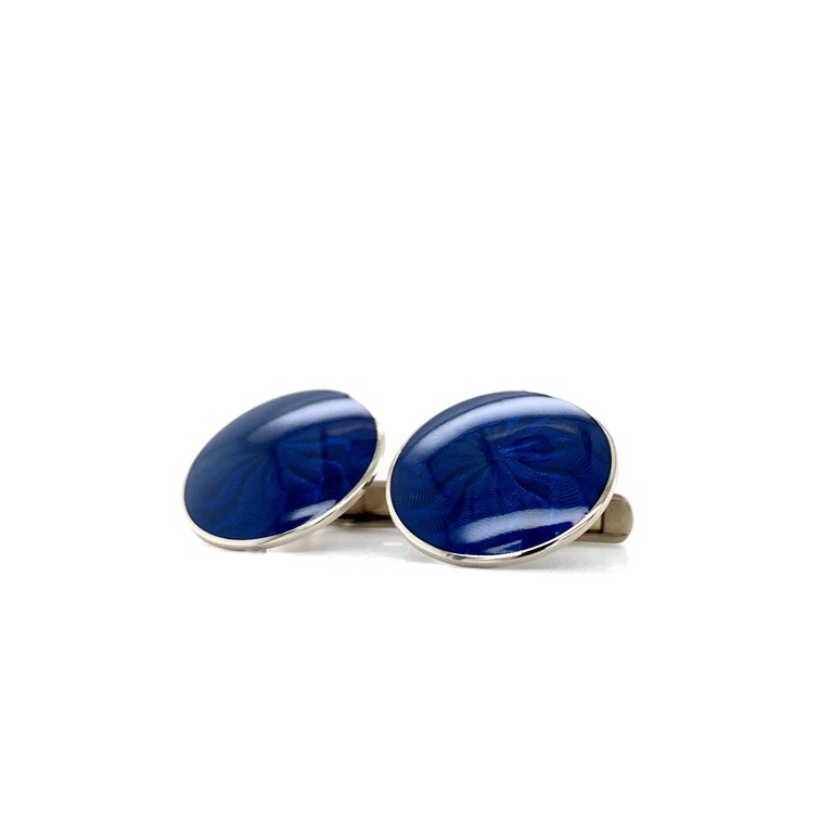 Round Cufflinks, 18k White Gold, with Blue Guilloche Enamel For Sale 2