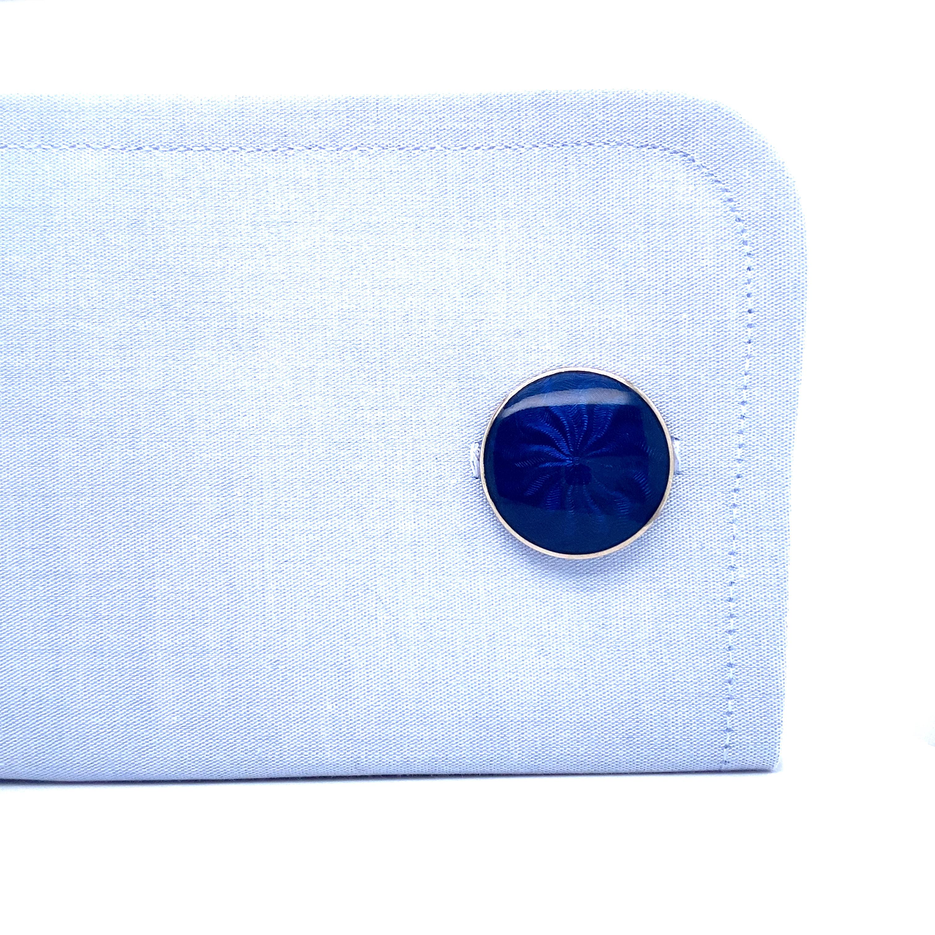 Round Cufflinks, 18k White Gold, with Blue Guilloche Enamel For Sale 3