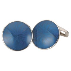 Gemelli da polso rotondi, oro bianco 18 carati, con smalto blu guilloché