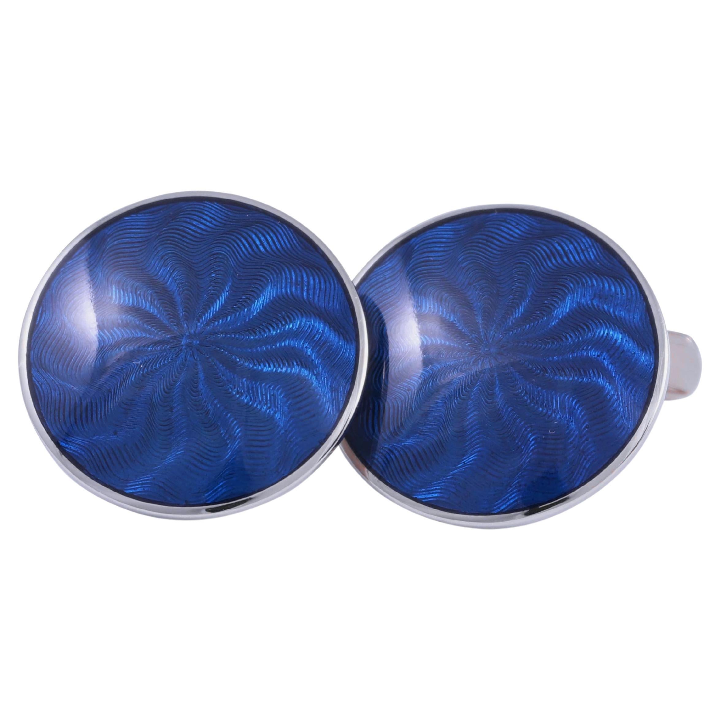 Round Cufflinks, 18k White Gold, with Blue Guilloche Enamel