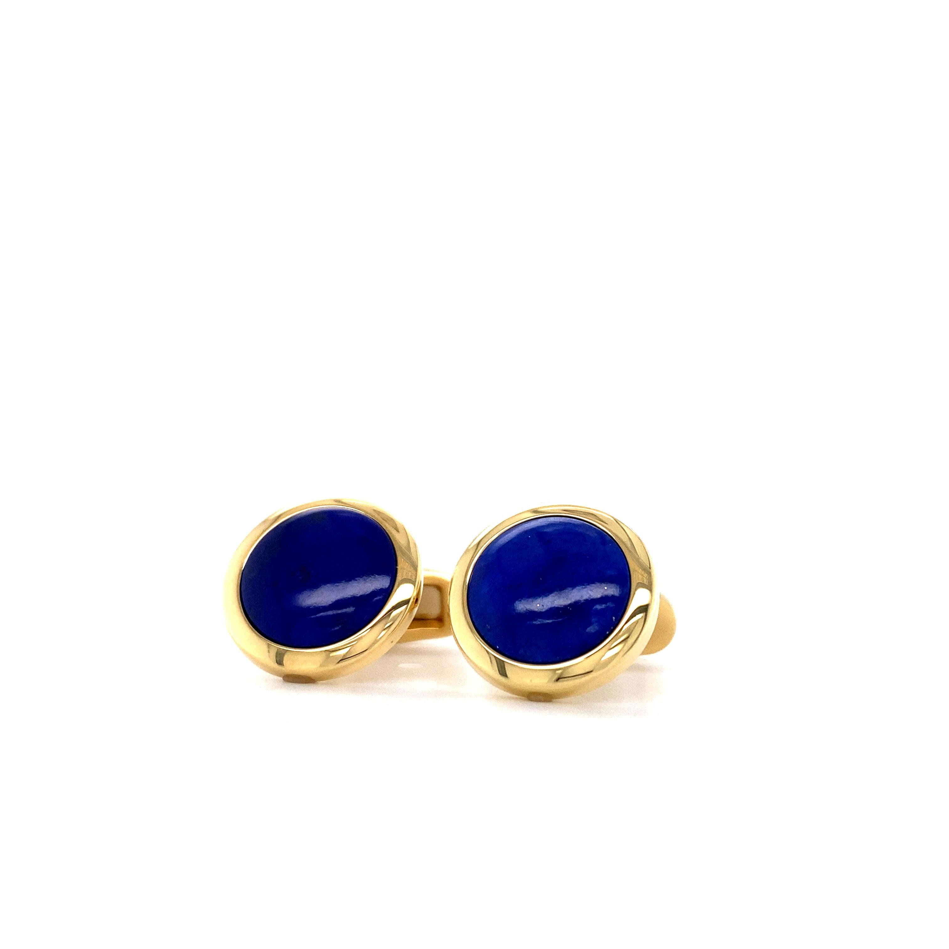 Women's or Men's Round Cufflinks - 18k Yellow Gold - Lapis Lazuli Inlays - Diameter 15.5 mm For Sale