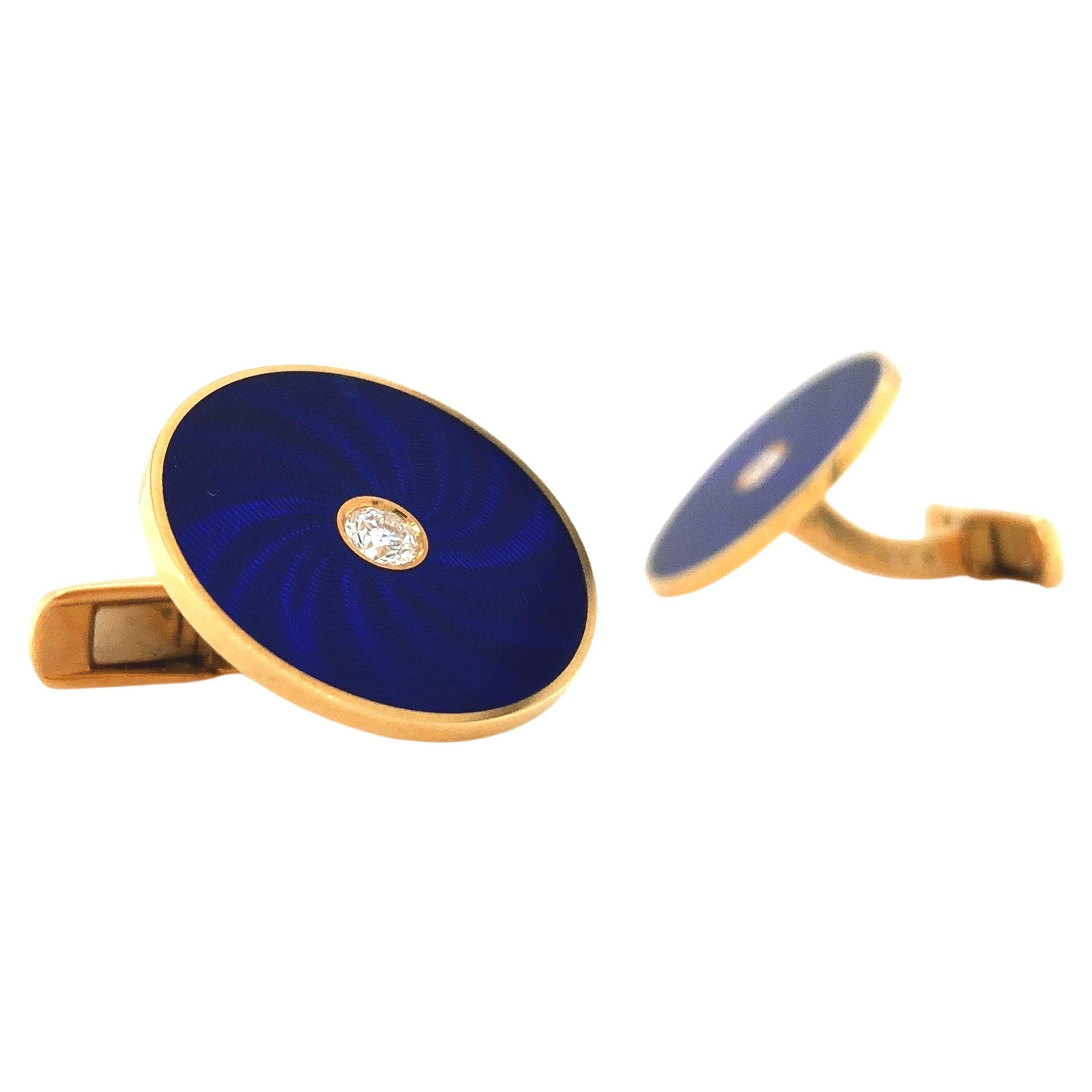 Women's or Men's Round Cufflinks, 18k Yellow Gold Navy Blue Guilloche Enamel 2 Diamonds 0.26ct For Sale