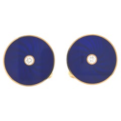 Round Cufflinks, 18k Yellow Gold Navy Blue Guilloche Enamel 2 Diamonds 0.26ct
