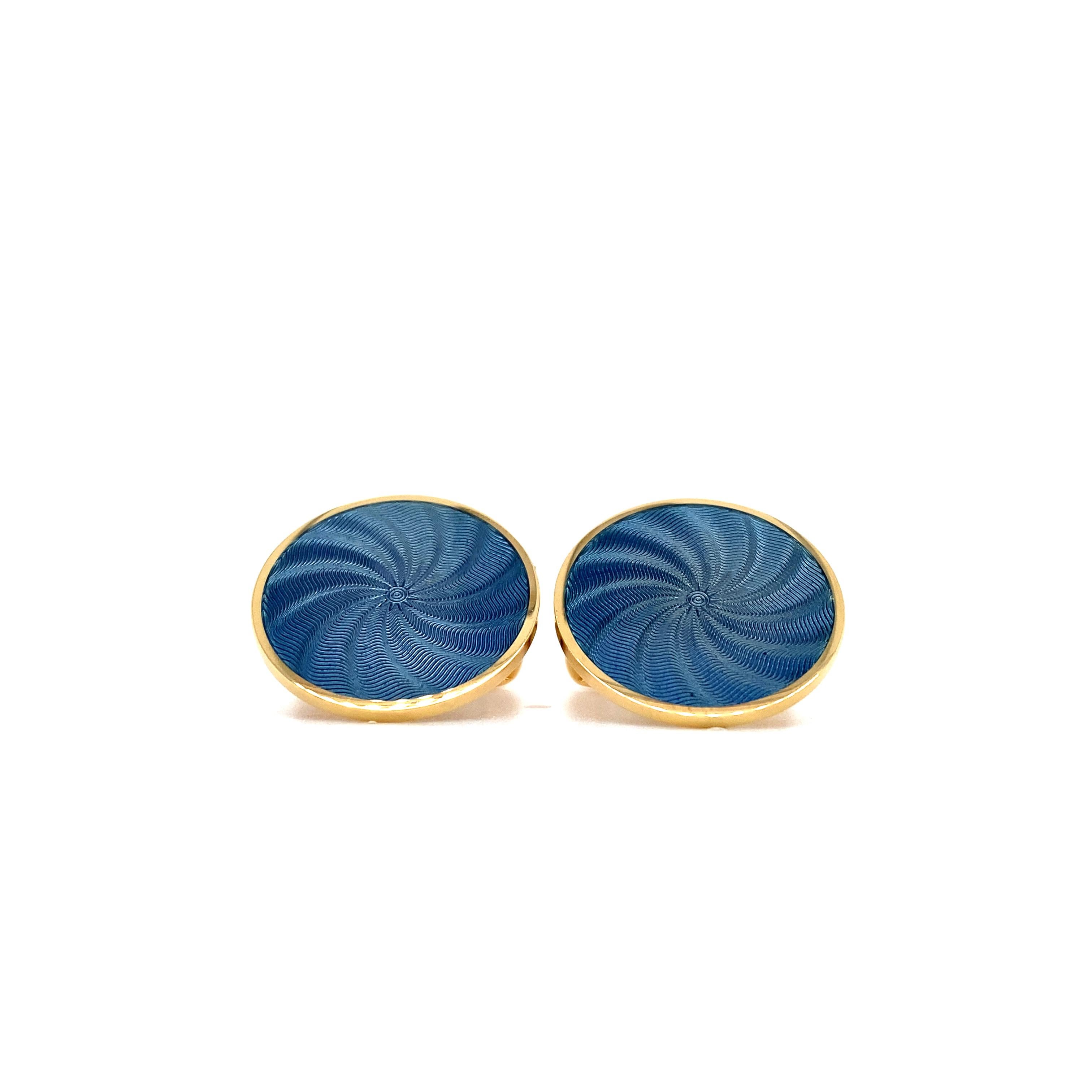 Round Cufflinks, 18k Yellow Gold, Globetrotter Collection by Victor Mayer, Yale Blue Vitreous Guilloche Enamel, Diameter 20.0 mm

About the creator Victor Mayer
Victor Mayer is internationally renowned for elegant timeless designs and unrivalled
