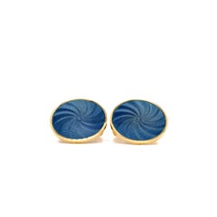 Round Cufflinks, 18k Yellow Gold, Yale Blue Guilloche Enamel