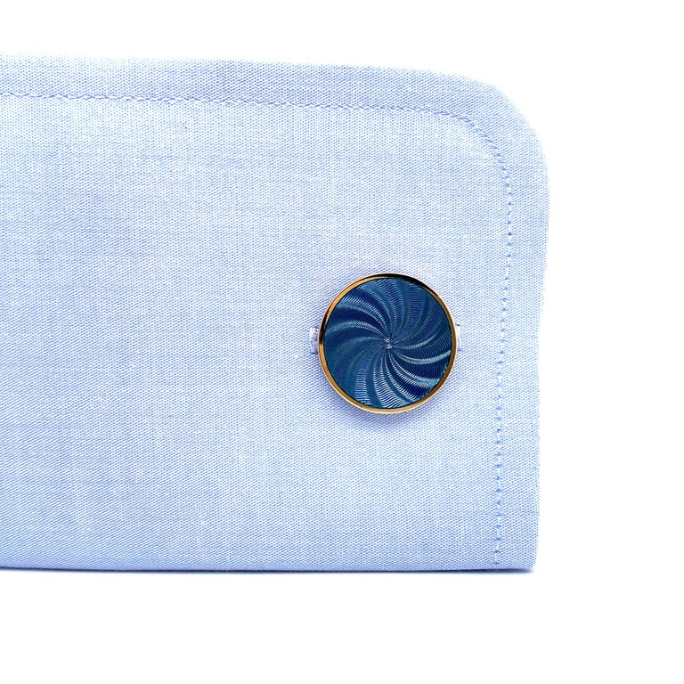 Round Cufflinks, 18k Yellow Gold, Yale Blue Guilloche Enamel For Sale at 1stDibs