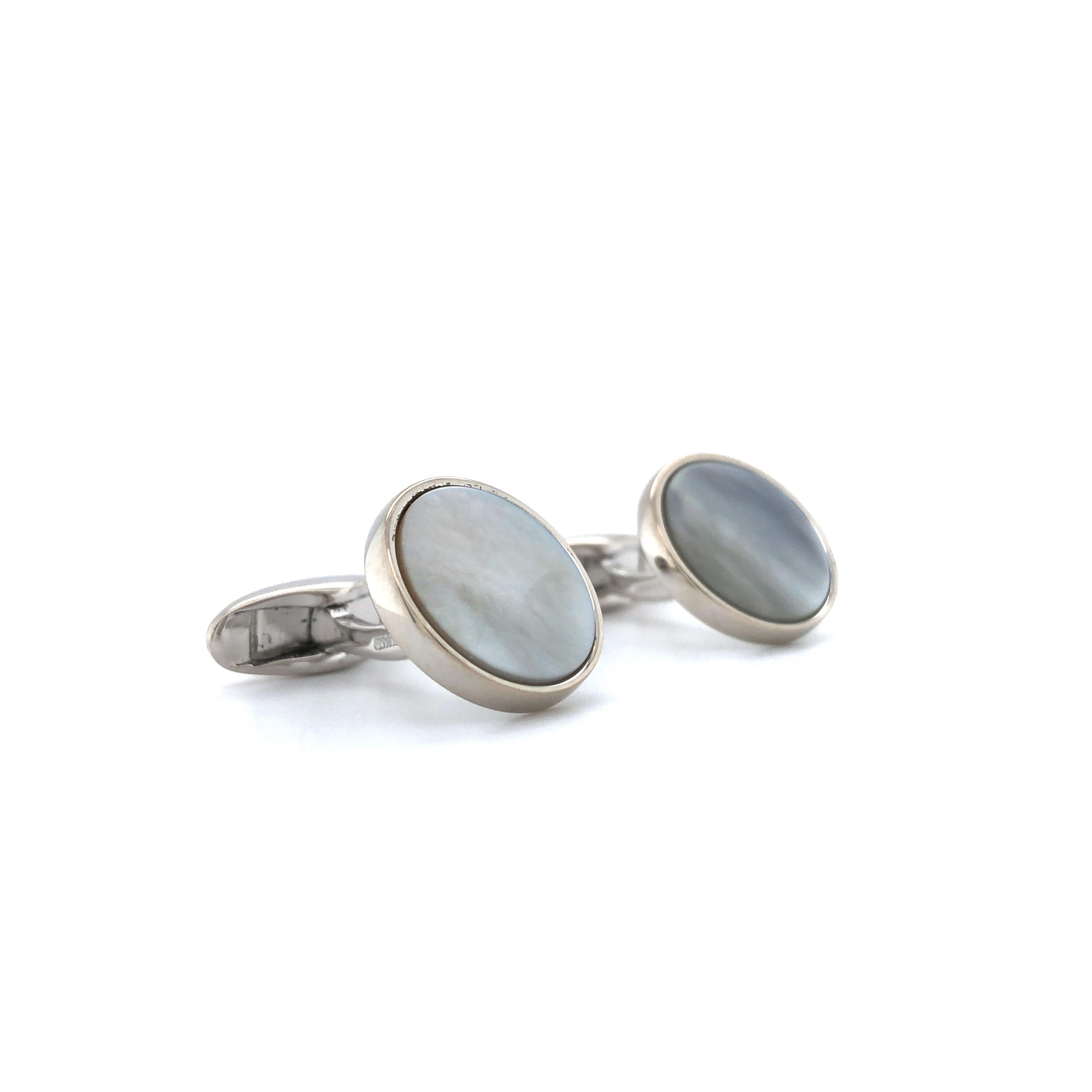 Round Cufflinks - 925 Sterling Silver - Mother of Pearl Inlay - Diameter 15 mm In New Condition For Sale In Pforzheim, DE