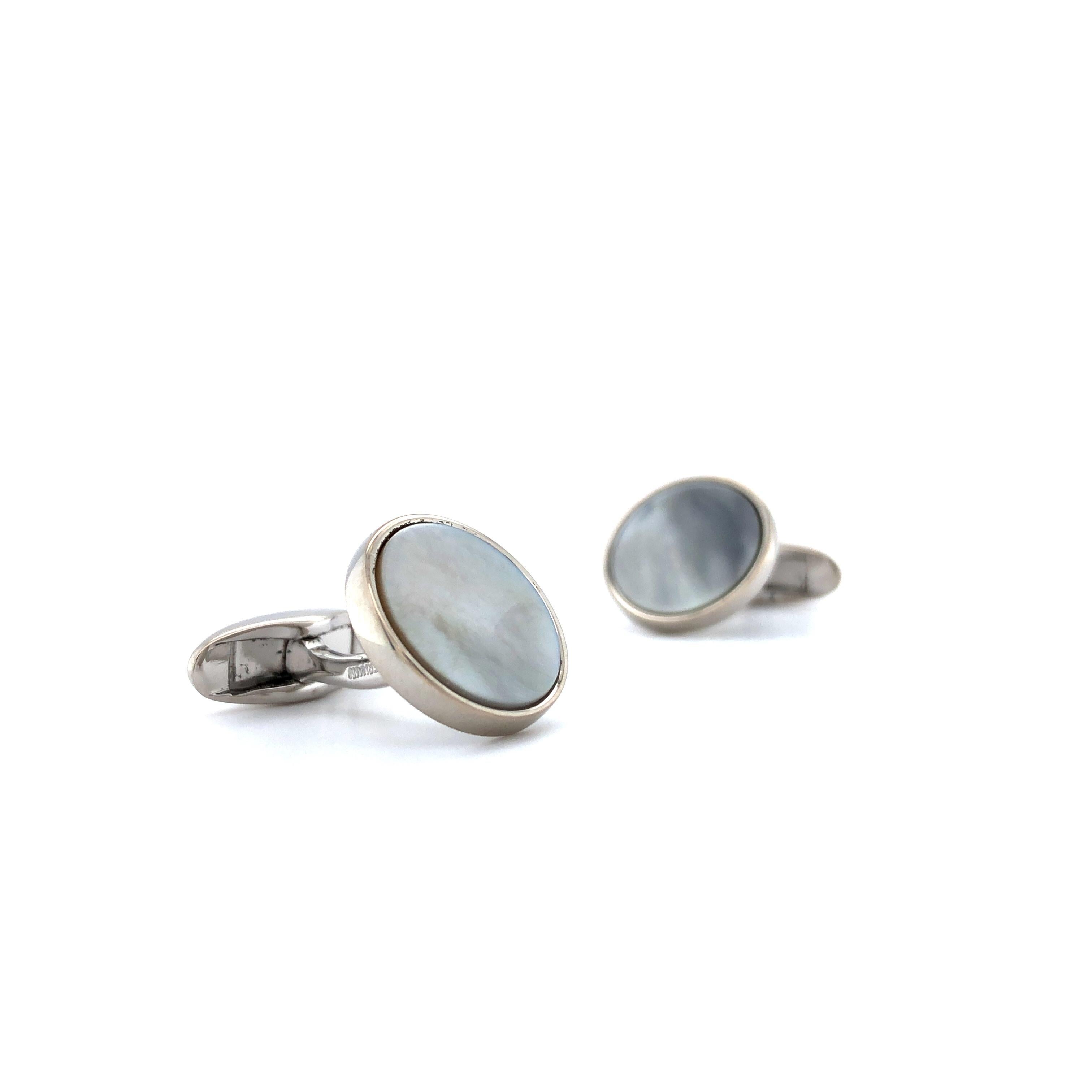 Men's Round Cufflinks - 925 Sterling Silver - Mother of Pearl Inlay - Diameter 15 mm For Sale