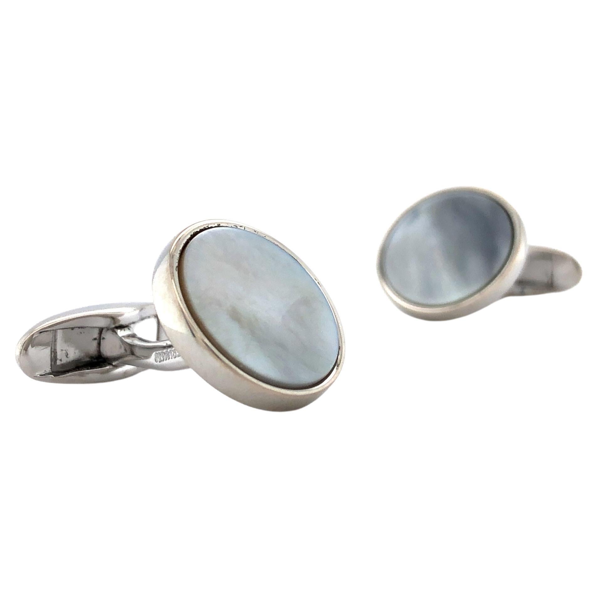 Round Cufflinks - 925 Sterling Silver - Mother of Pearl Inlay - Diameter 15 mm
