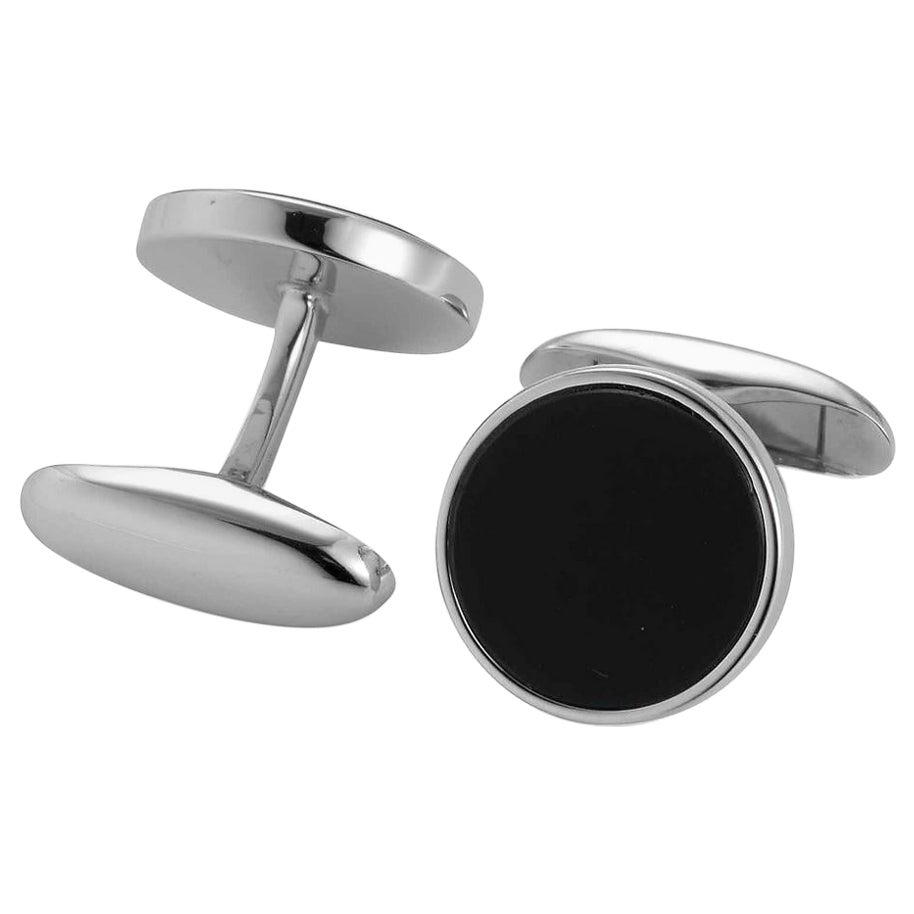 Round Cufflinks, Hallmark Collection, 925/- Silver, Onyx Inlay, Diameter 15 mm