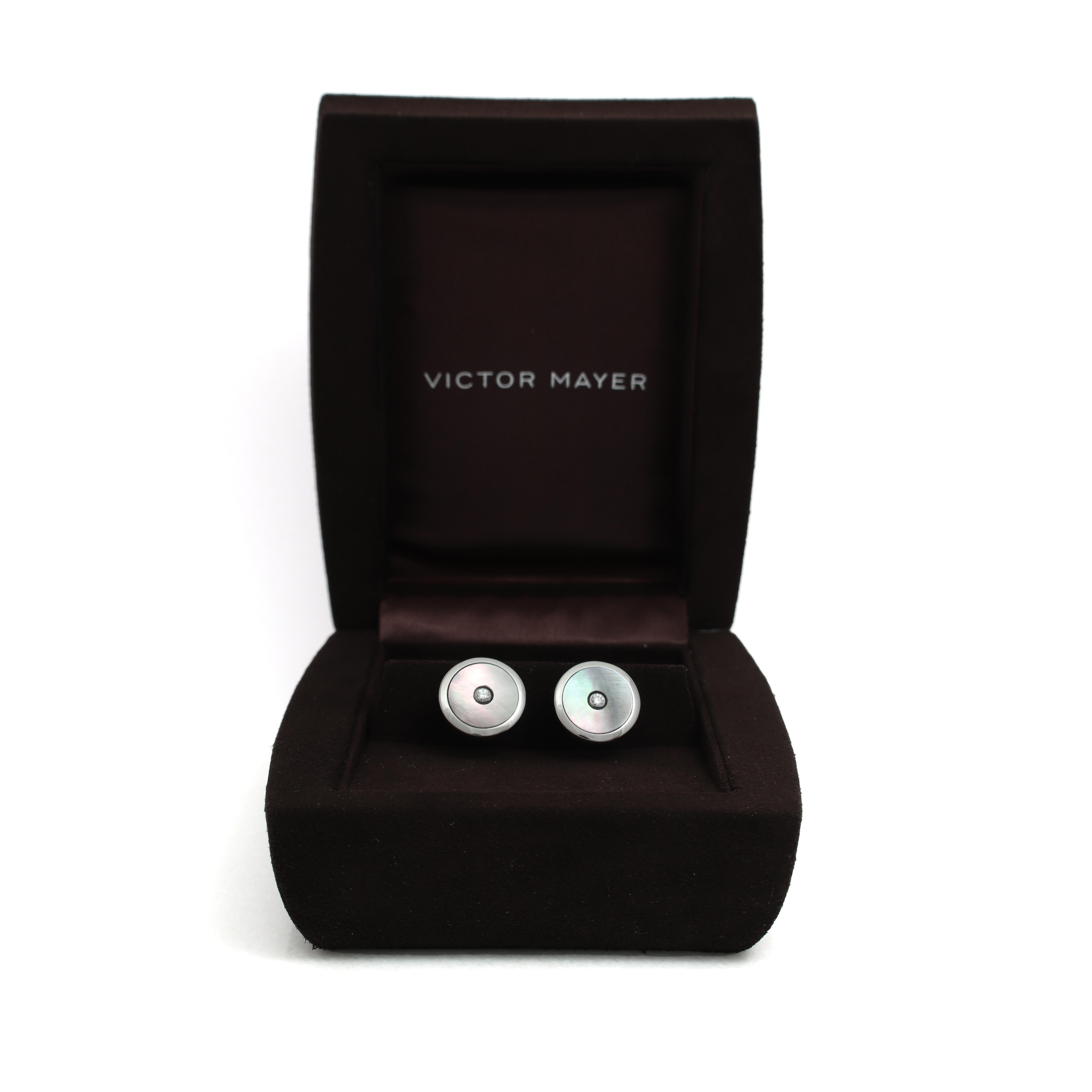 Round Cufflinks Stainless Steel - Black Mother of Pearl Inlay, 2 Diamonds 0.2ct For Sale 3