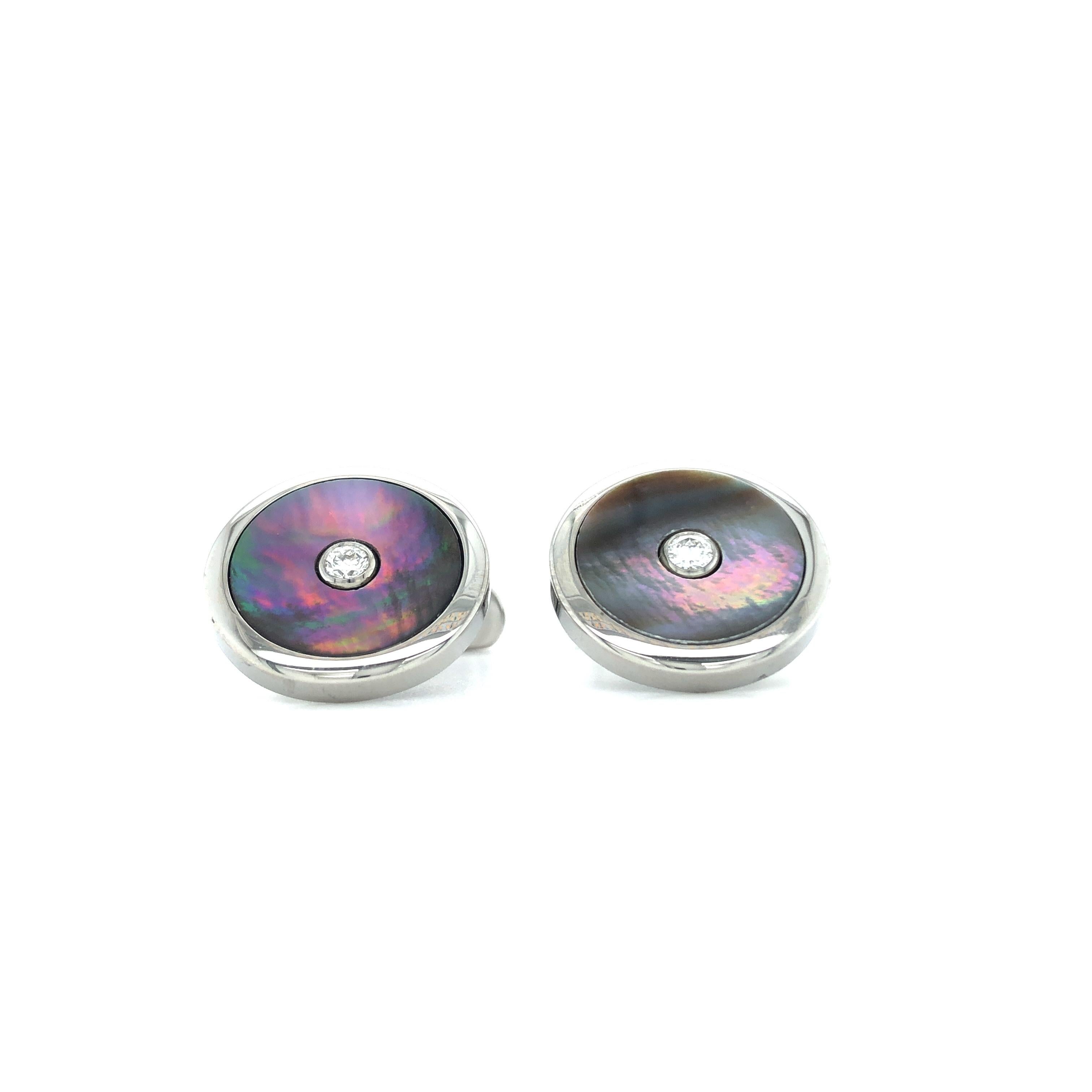 Contemporary Round Cufflinks Stainless Steel - Black Mother of Pearl Inlay, 2 Diamonds 0.2ct For Sale