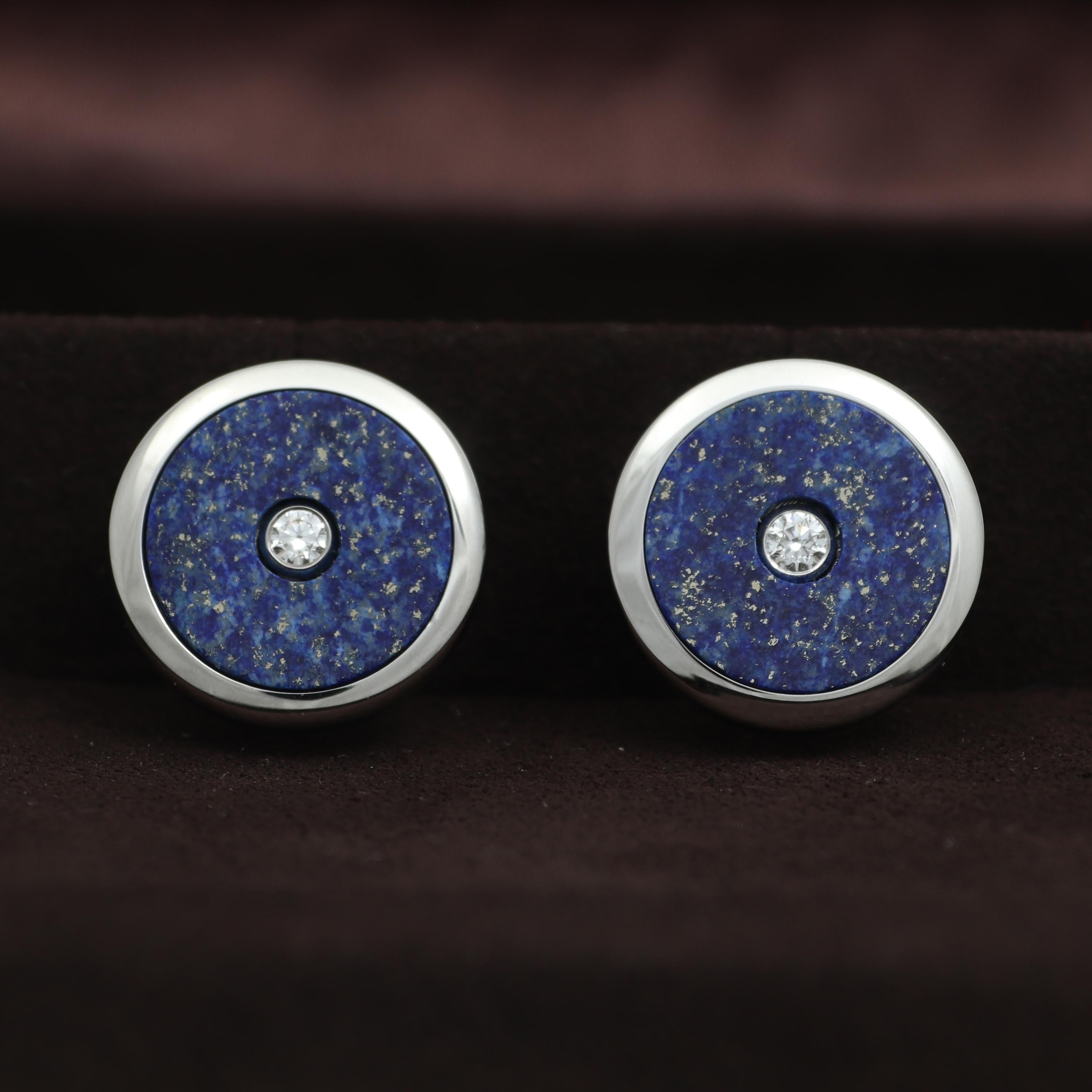 Round Cufflinks Stainless Steel - Lapis Lazuli Inlay - 2 Diamonds 0.2ct - 19 mm For Sale 5
