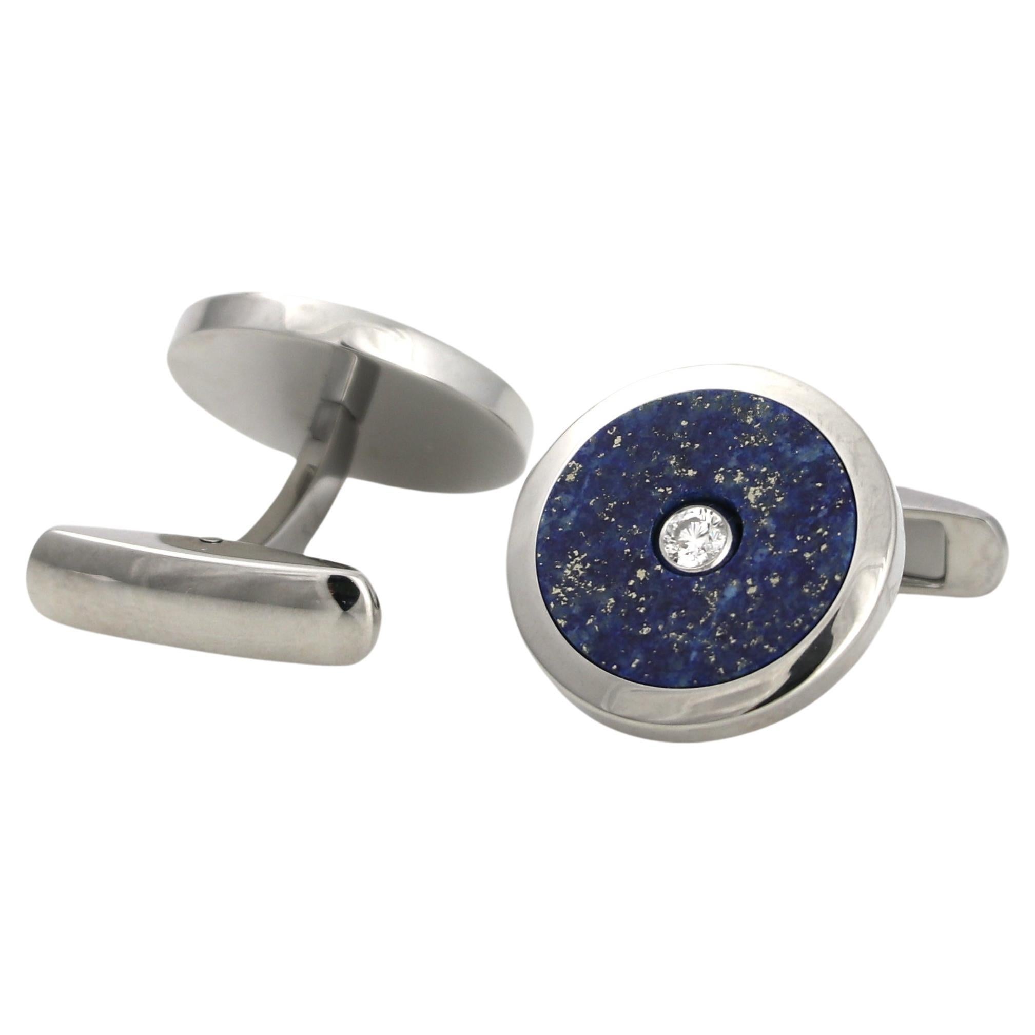 Round Cufflinks Stainless Steel - Lapis Lazuli Inlay - 2 Diamonds 0.2ct - 19 mm For Sale