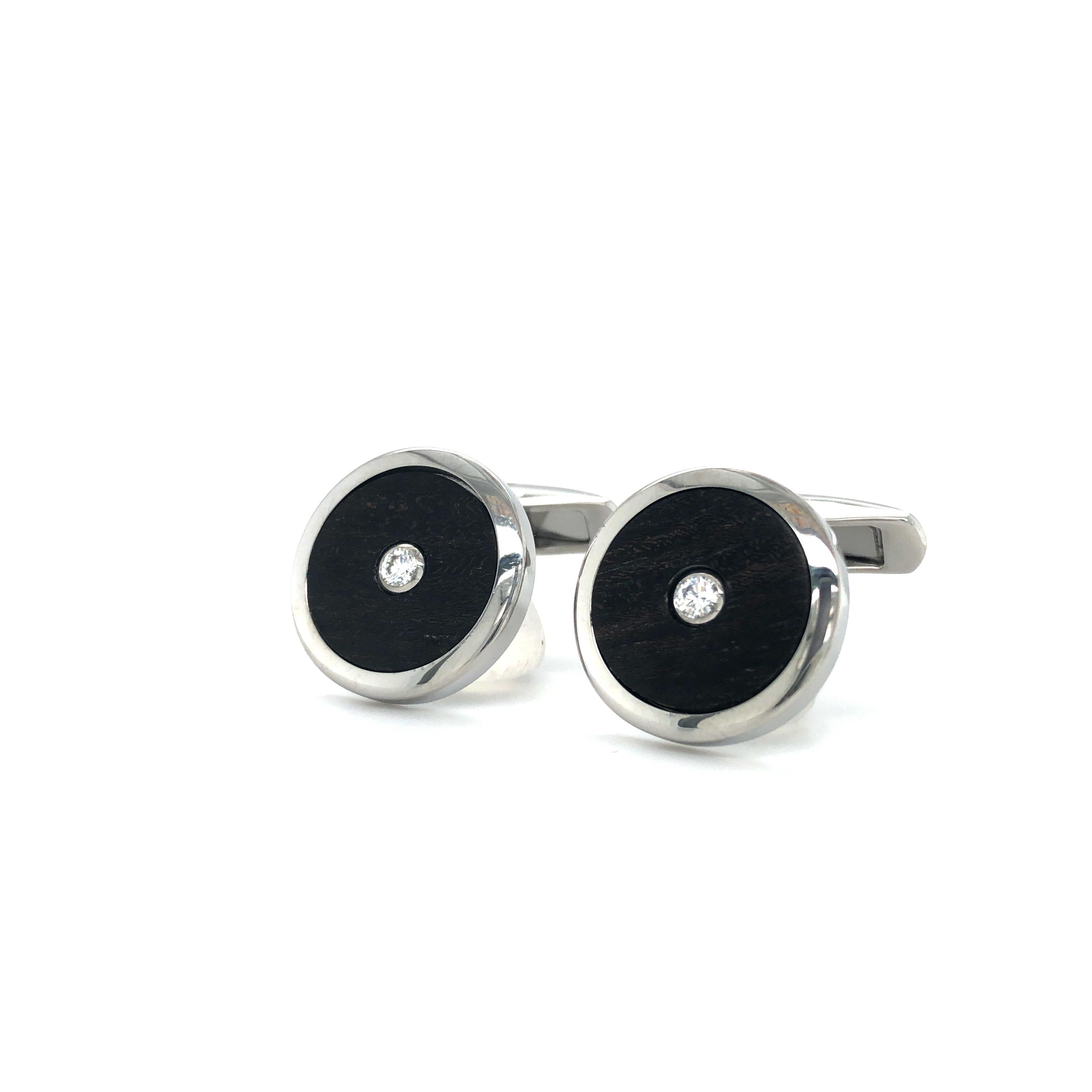 Contemporary Round Cufflinks Stainless Steel - Precious Wood Inlay - 2 Diamonds 0.2ct - 19 mm For Sale
