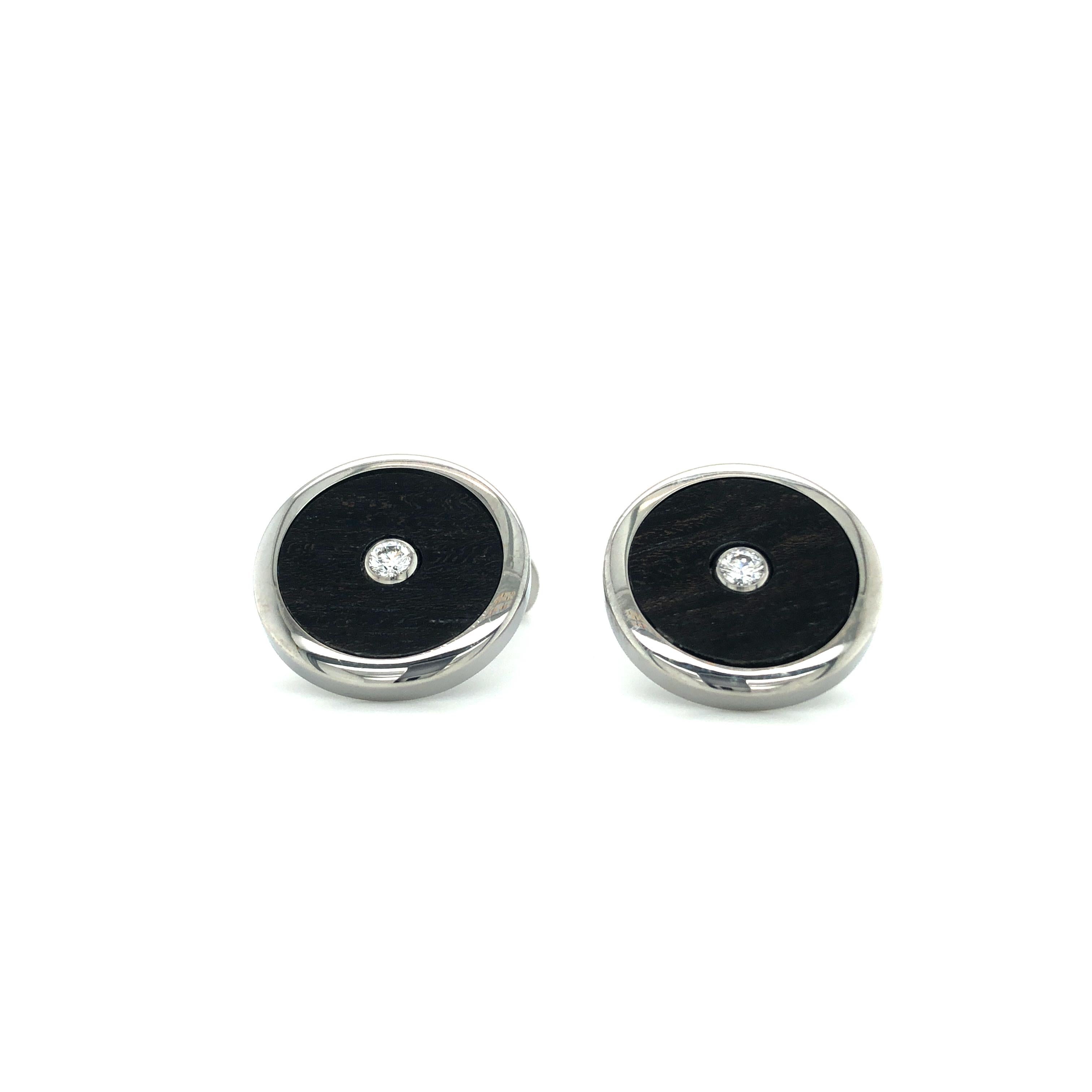 Women's or Men's Round Cufflinks Stainless Steel - Precious Wood Inlay - 2 Diamonds 0.2ct - 19 mm For Sale